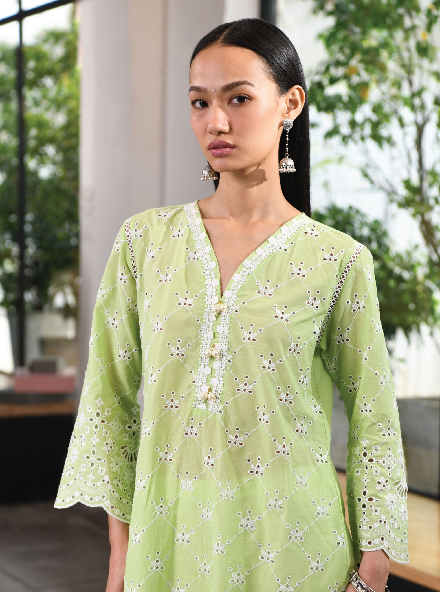 Mulmul Cotton Perth Green Kurta With Multi Lace Slim White Pant