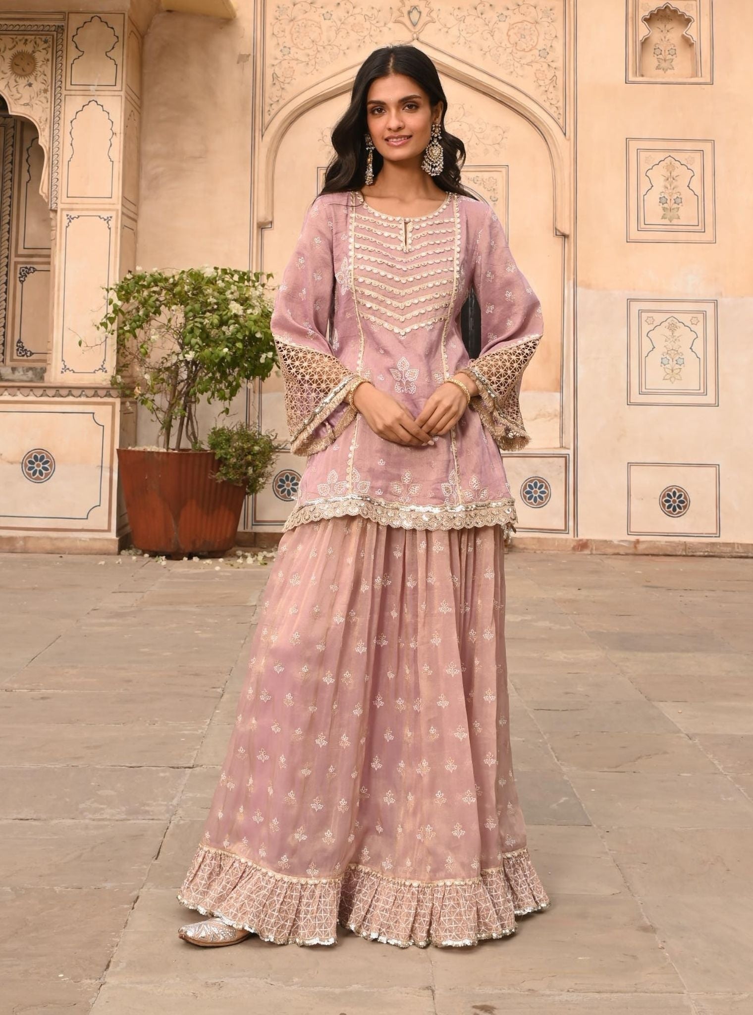 Mulmul Luxe Tissue Satin Lamhe Lilac Kurta with Mulmul Luxe Tissue Lamhe Lilac Skirt