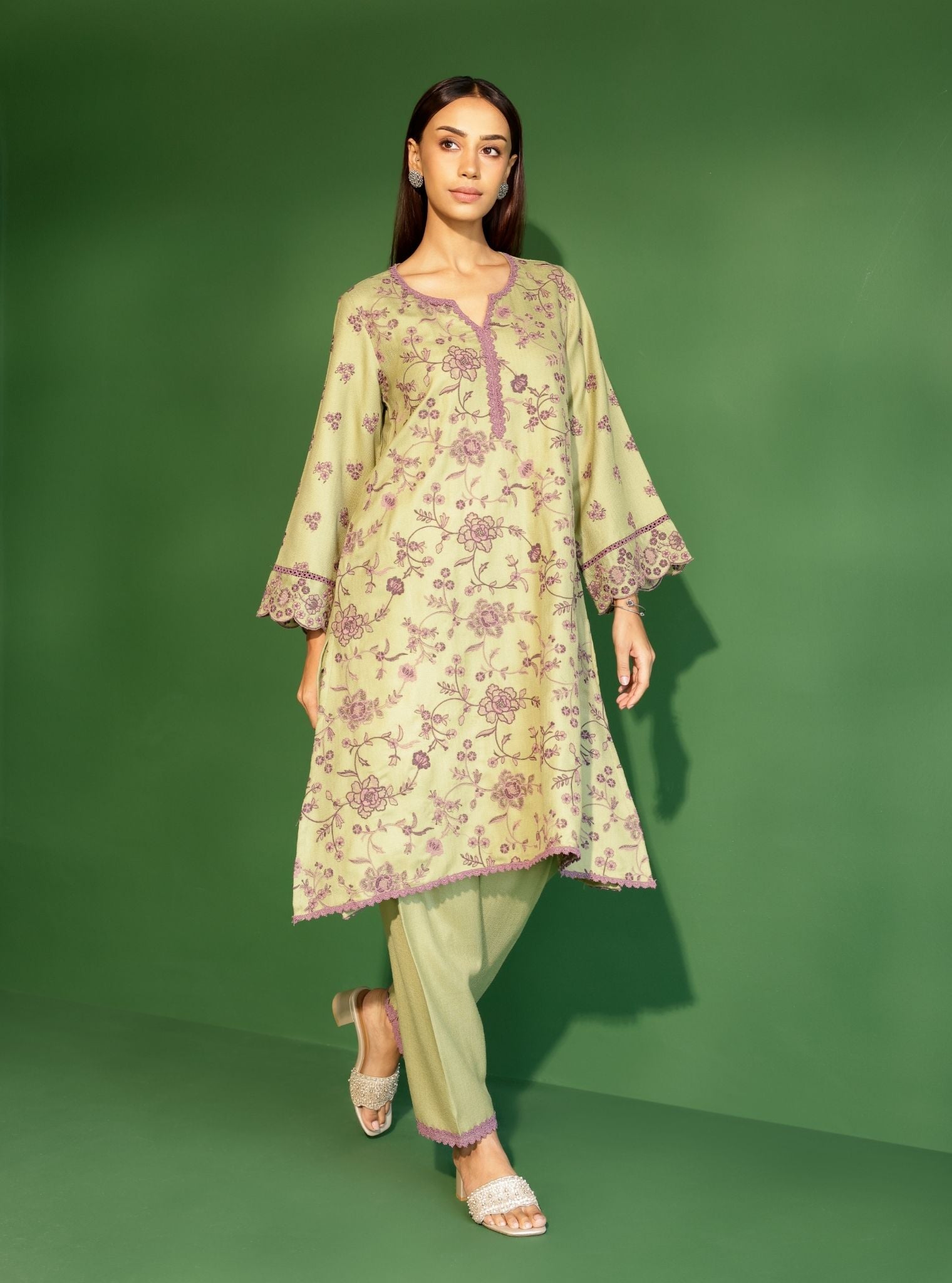 Mulmul Wool Juno Green Kurta With Mulmul Wool Juno Green Pant