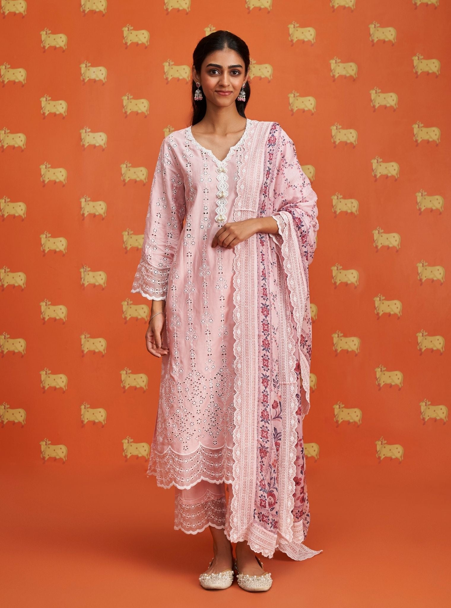 Mulmul Pima Satin Madee Pink Kurta With Mulmul Pima Satin Madee Pink Pant