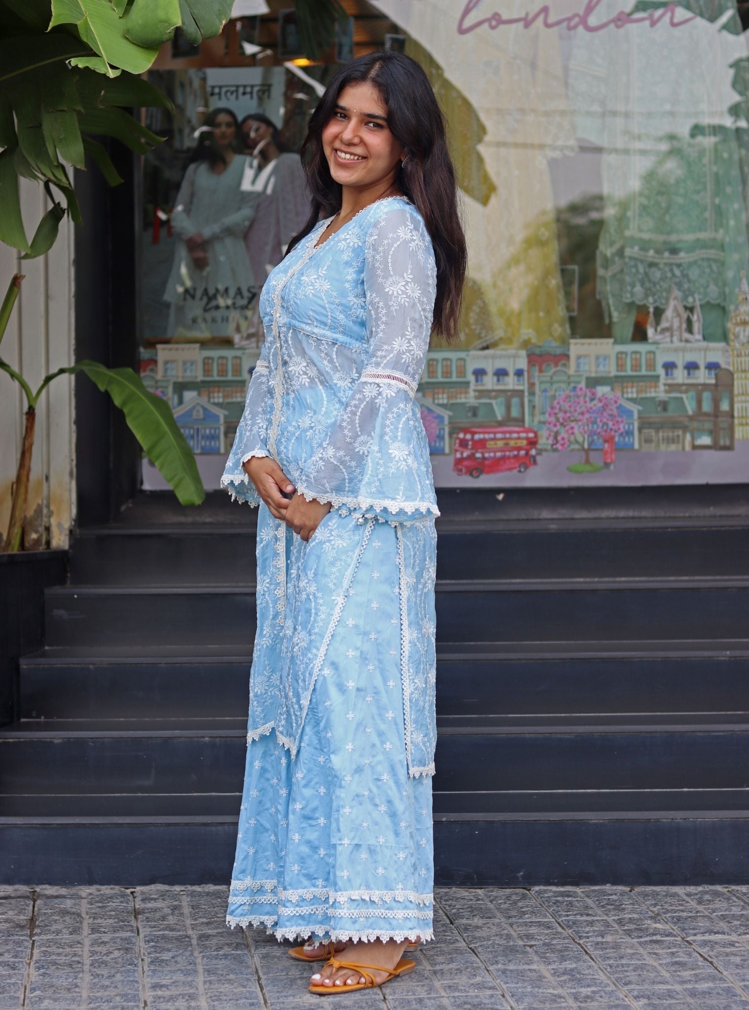 Mulmul Organza Gaia Blue Kurta With Mulmul Pima Gaia Blue Sharara