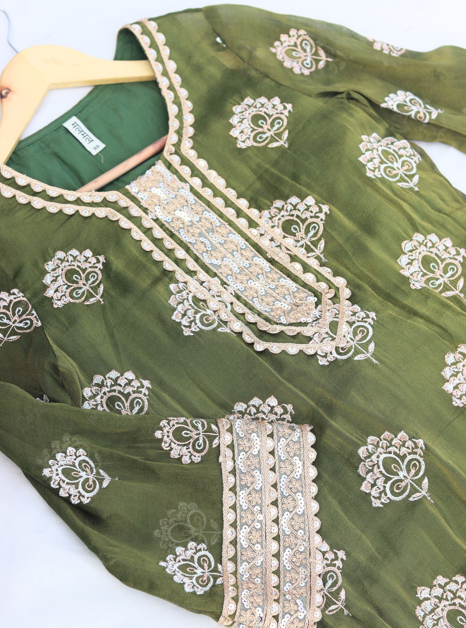 Mulmul Luxe Tissue Kasuri Moss Green Kurta with Mulmul Pima Satin Kasuri Moss Green Pant