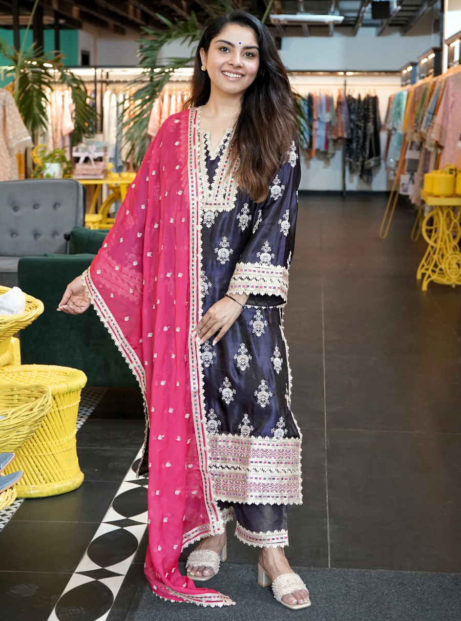 Mitthi Luxe Tissue Sage Green Kurta Set
