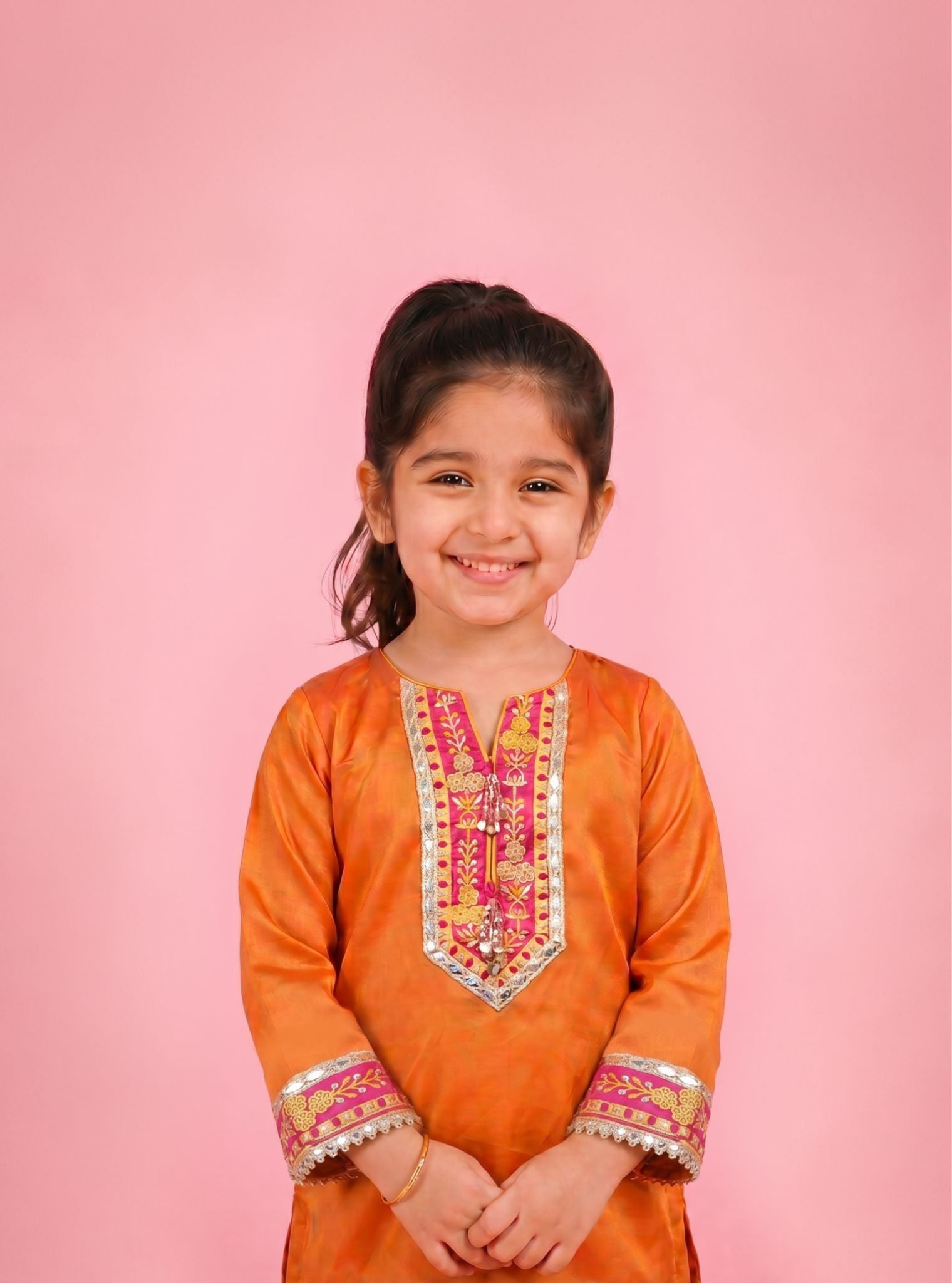 Caeli Cupro Satin Printed Orange & Mustard Kurta Set