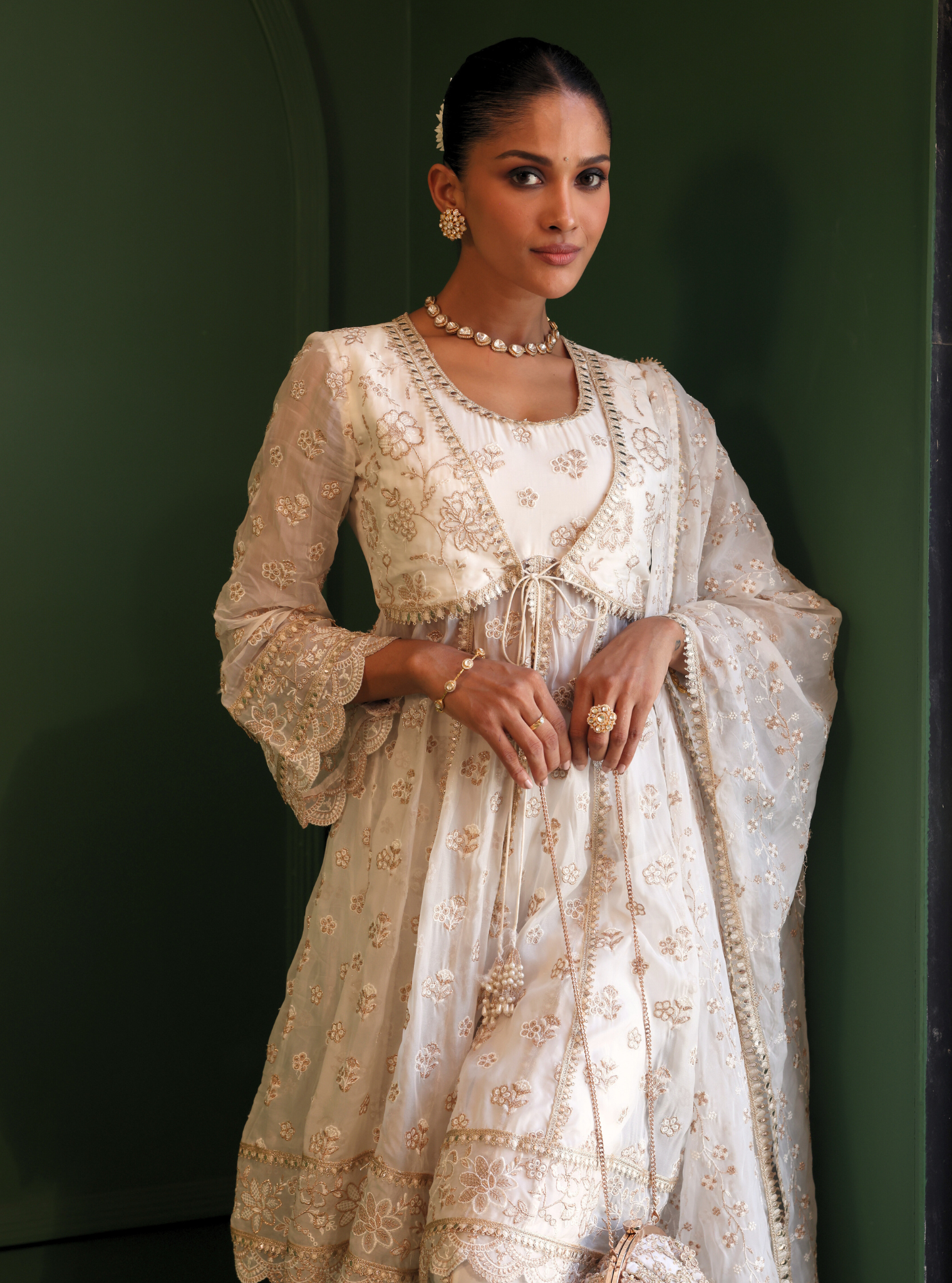 Mulmul Organza Gaatha Off White Short Anarkali Kurta With Mulmul Pima Satin Gaatha Off White Dhoti Pant