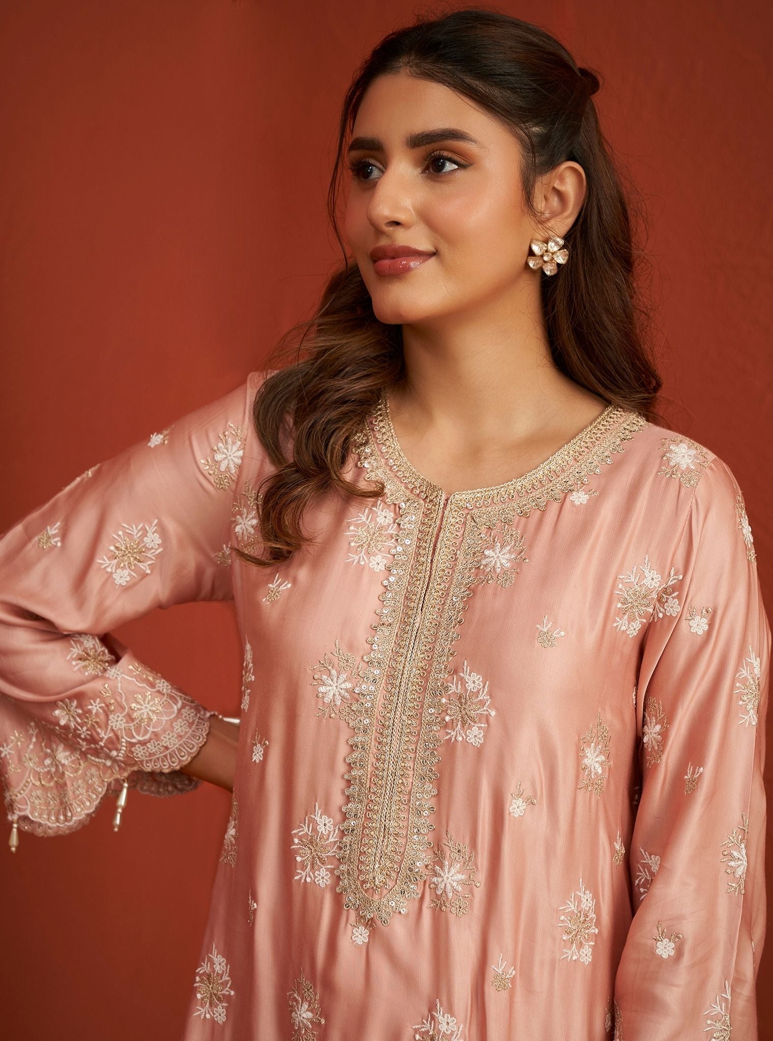 Mulmul Bemberg Satin Kangna Pink Kurta With Mulmul Bemberg Satin Kangna Pink Pant