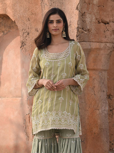 MULMUL SAGE GREY SEQUIN ANGRAKHA KURTA SET