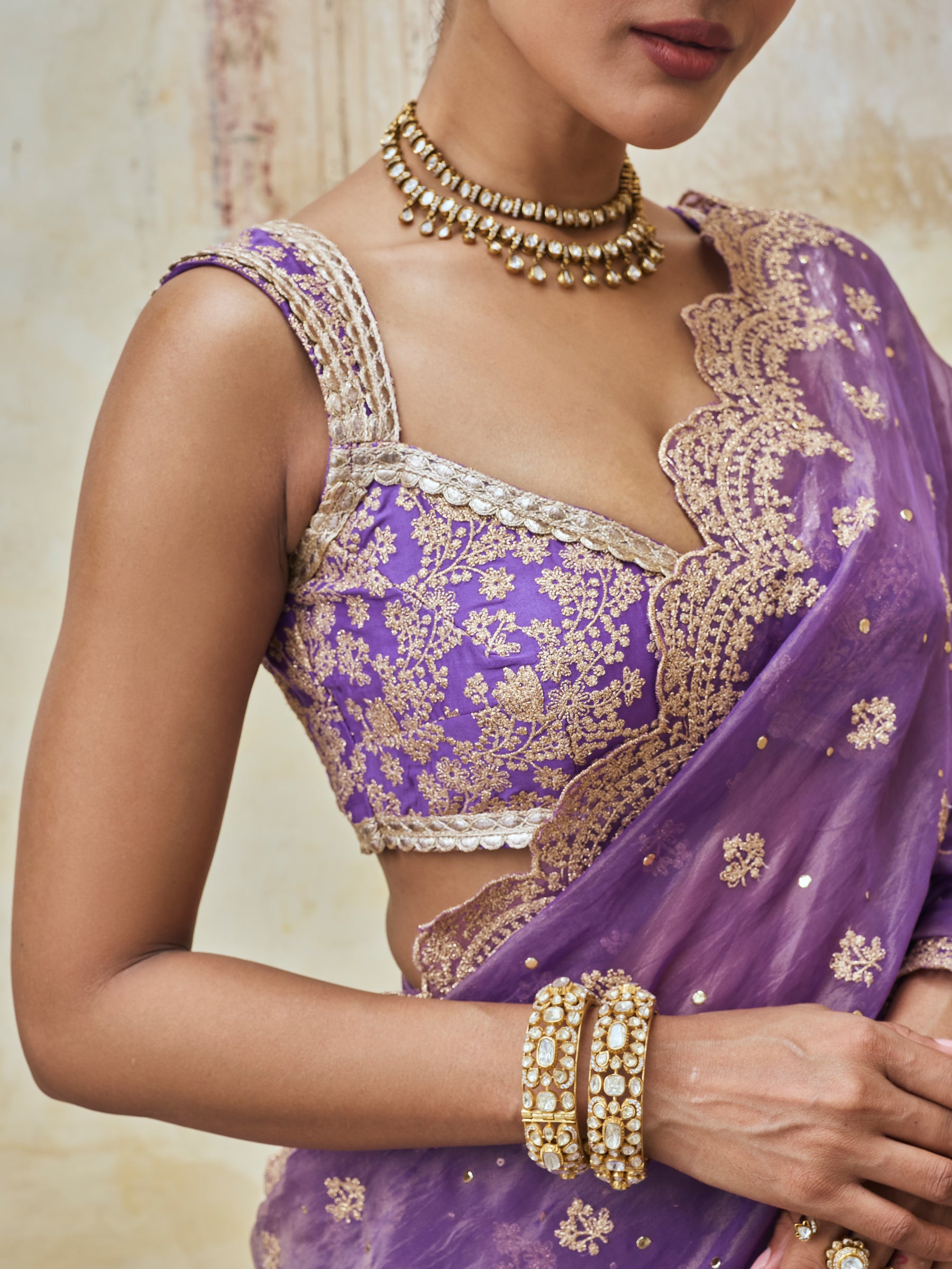 Adiva Lurex Organza Purple Pre-draped Saree
