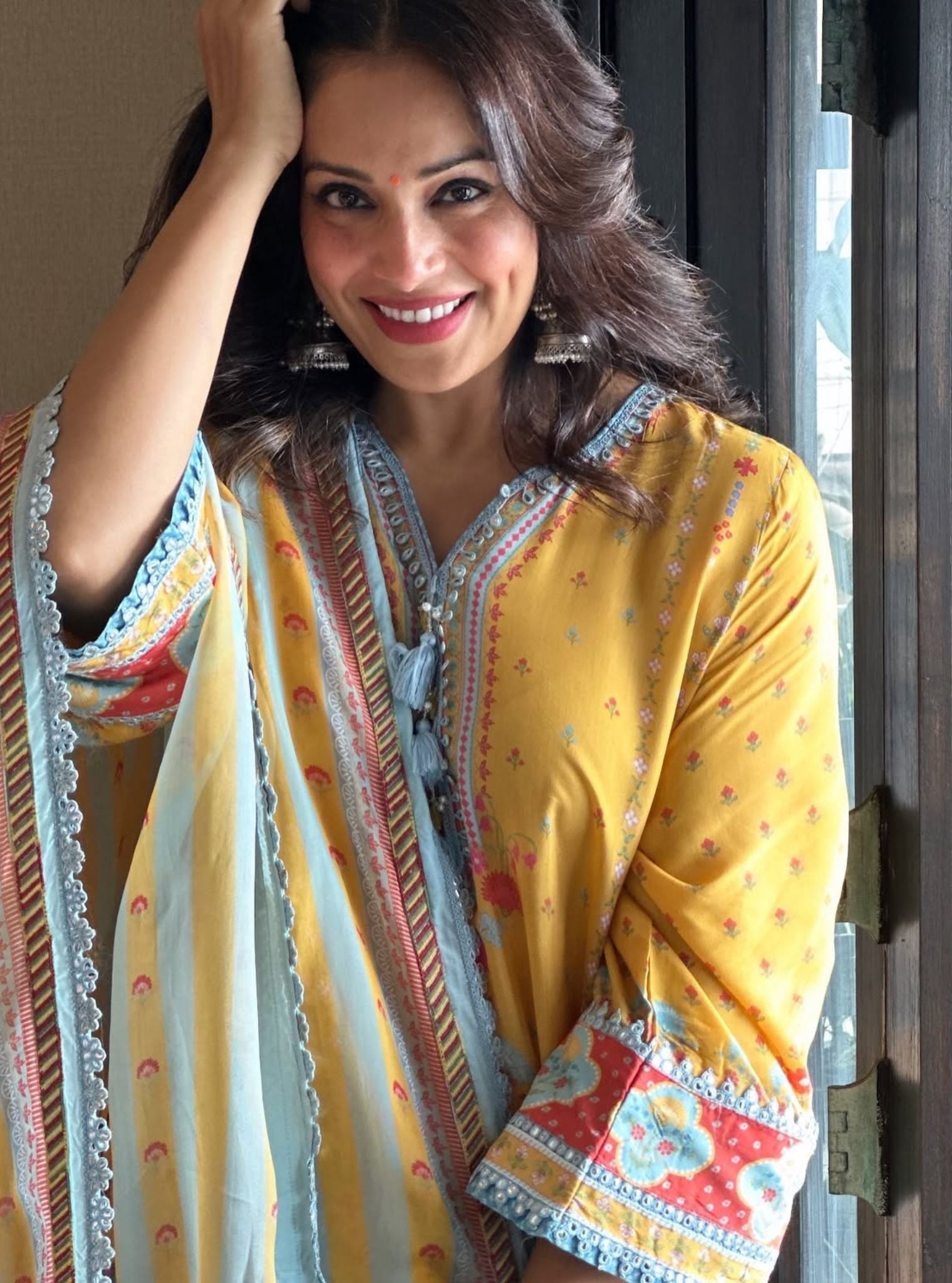Zariya Lawn Printed Yellow & Teal Kurta with Farshi Salwar