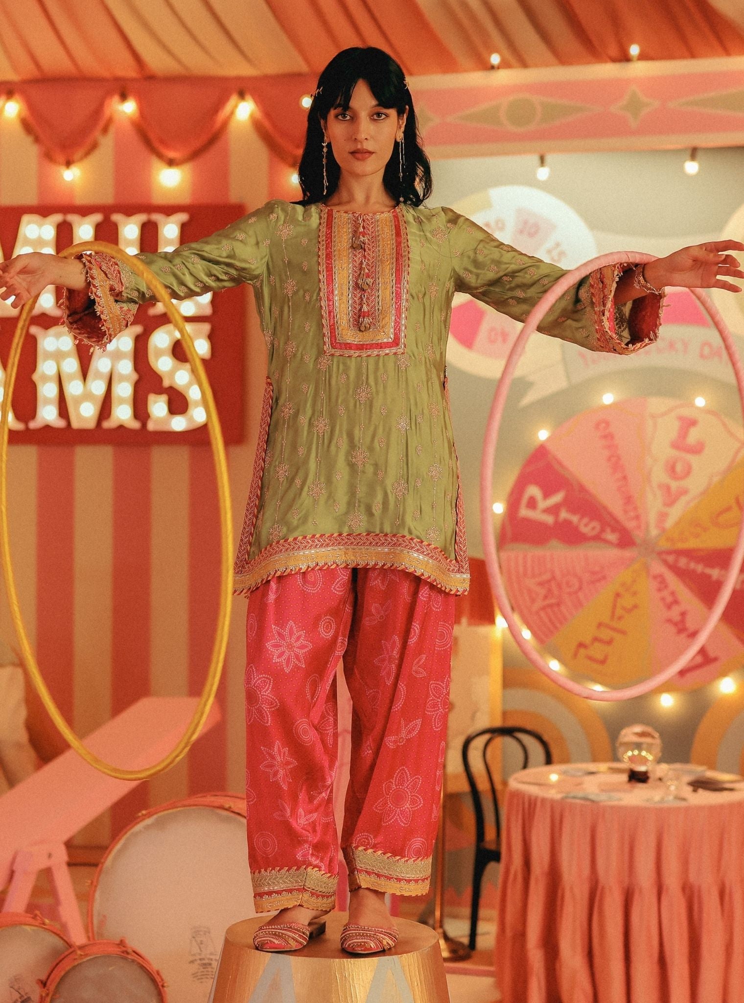 Kiva Cupro Satin Pista Green Kurta with Farshi Salwar