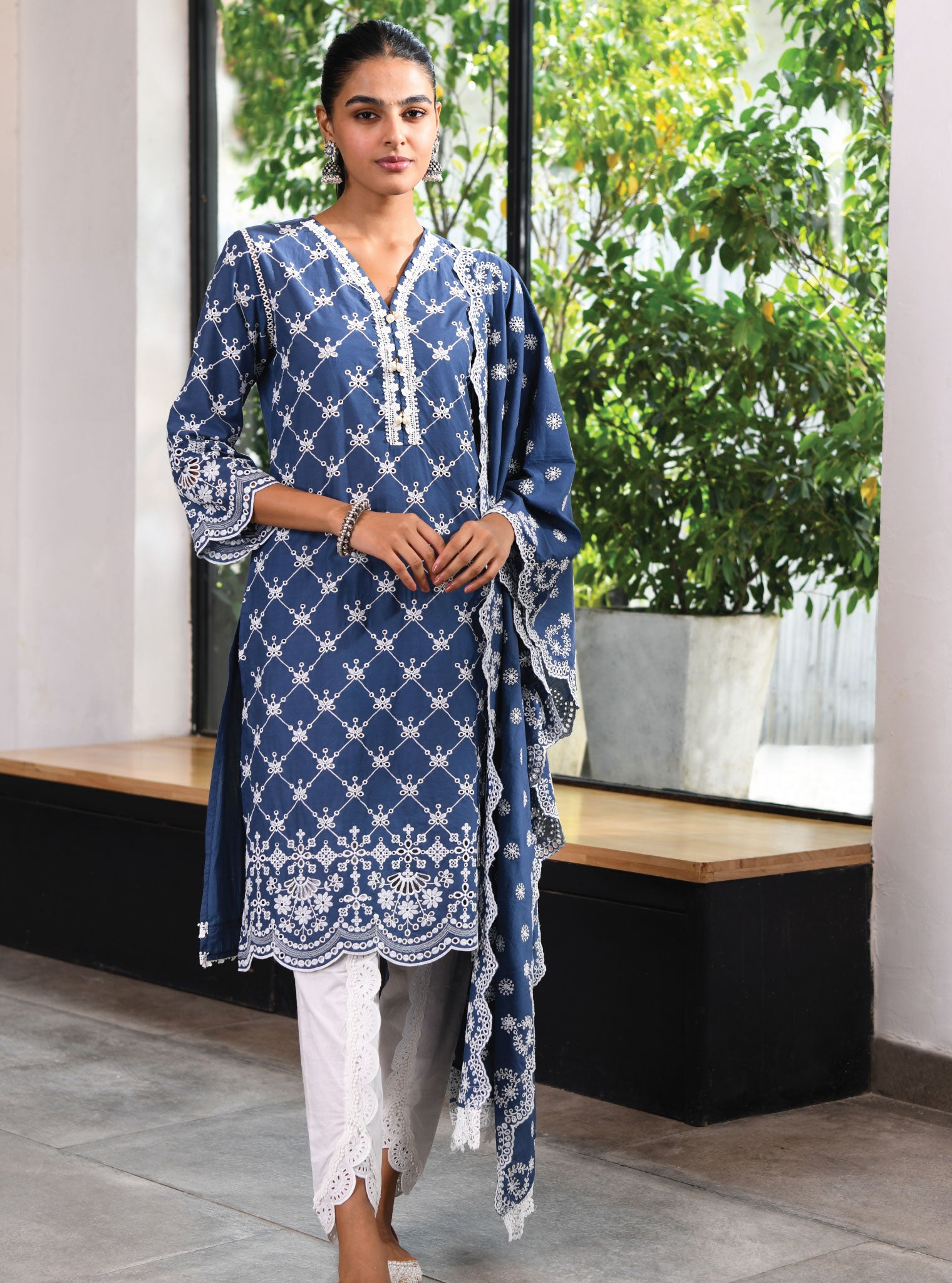 Mulmul Cotton Perth Navy Kurta With Border White Dhoti Pant