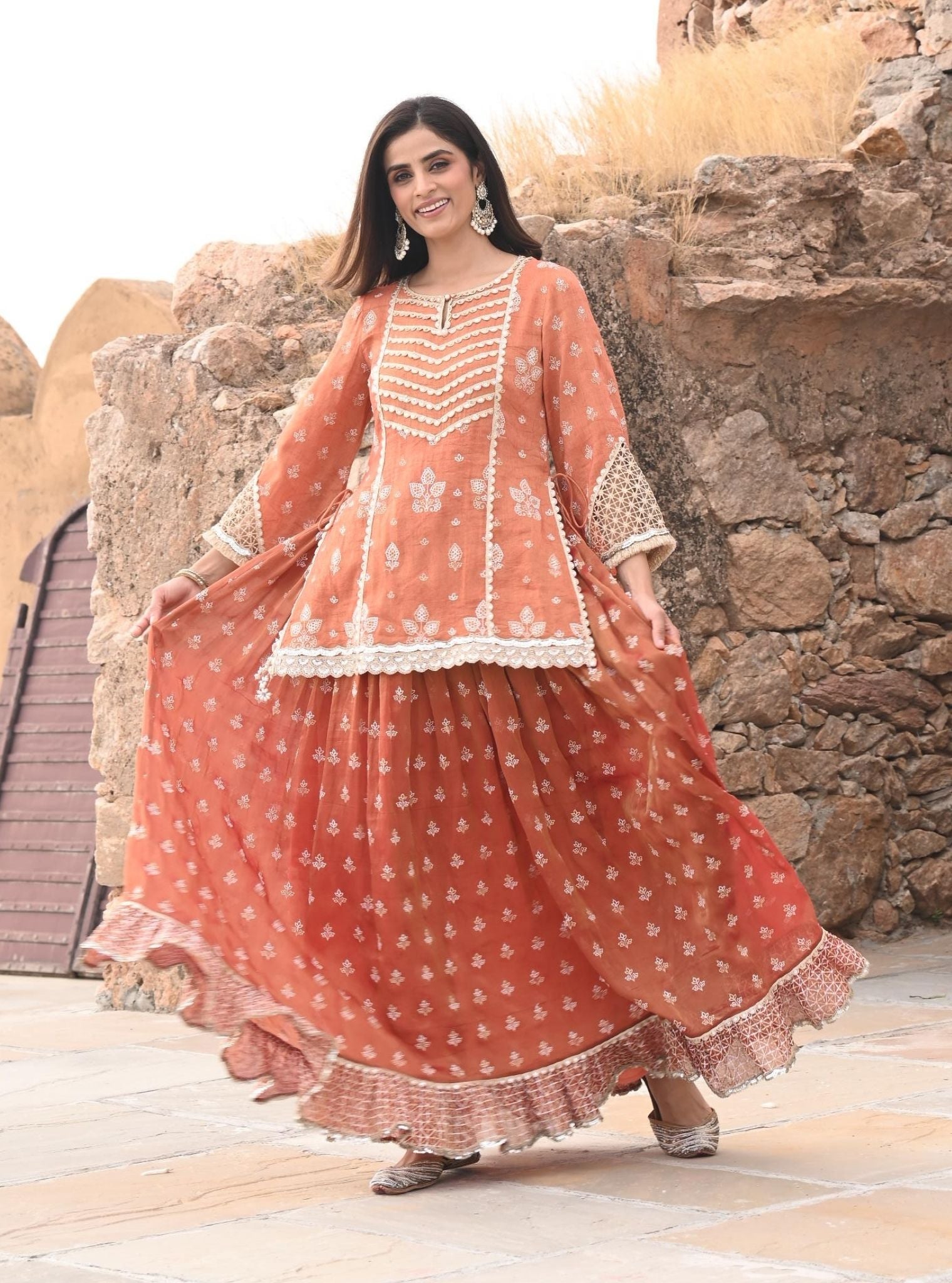 Mulmul Luxe Tissue Satin Lamhe Burnt Orange Kurta with Mulmul Luxe Tissue Lamhe Burnt Orange Skirt