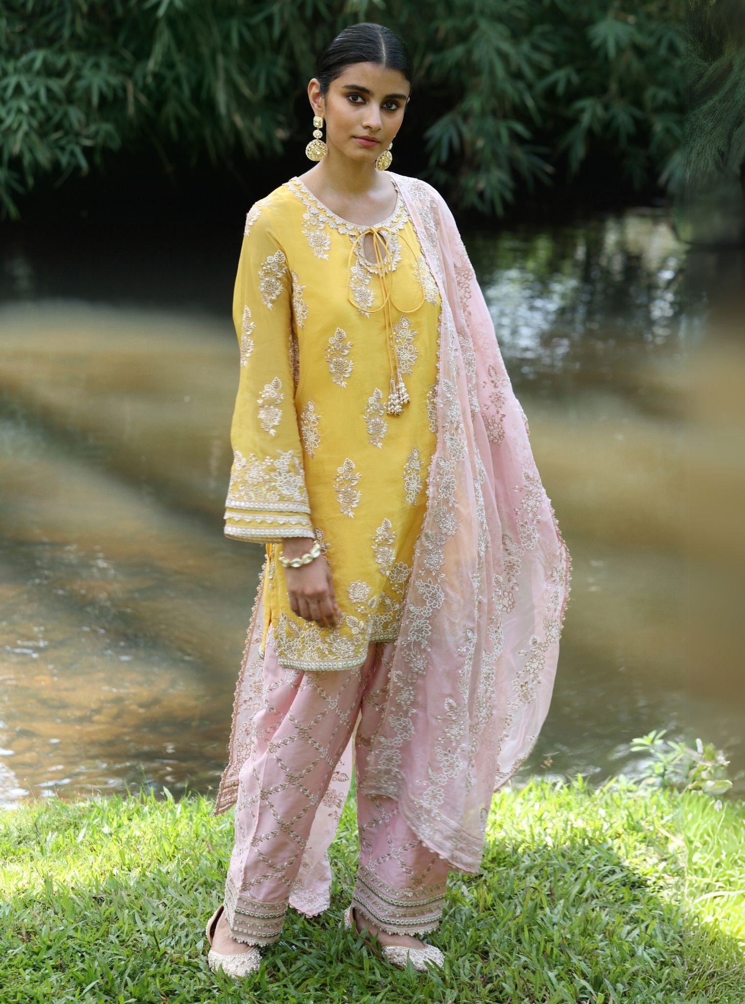 Mulmul Organza Khwab Yellow Kurta With Mulmul Pima Satin Khwab Pink Pant