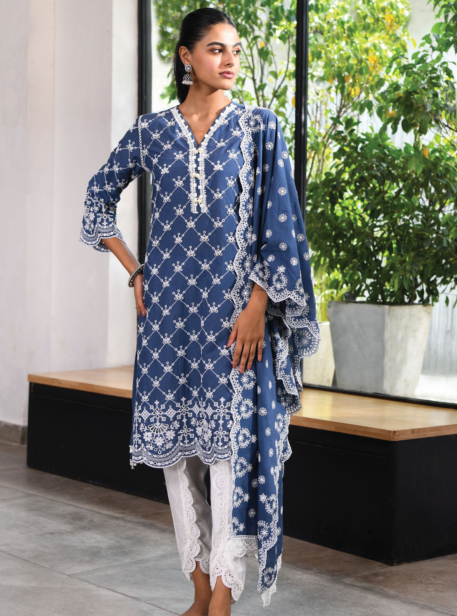 Mulmul Cotton Wells Navy Dupatta