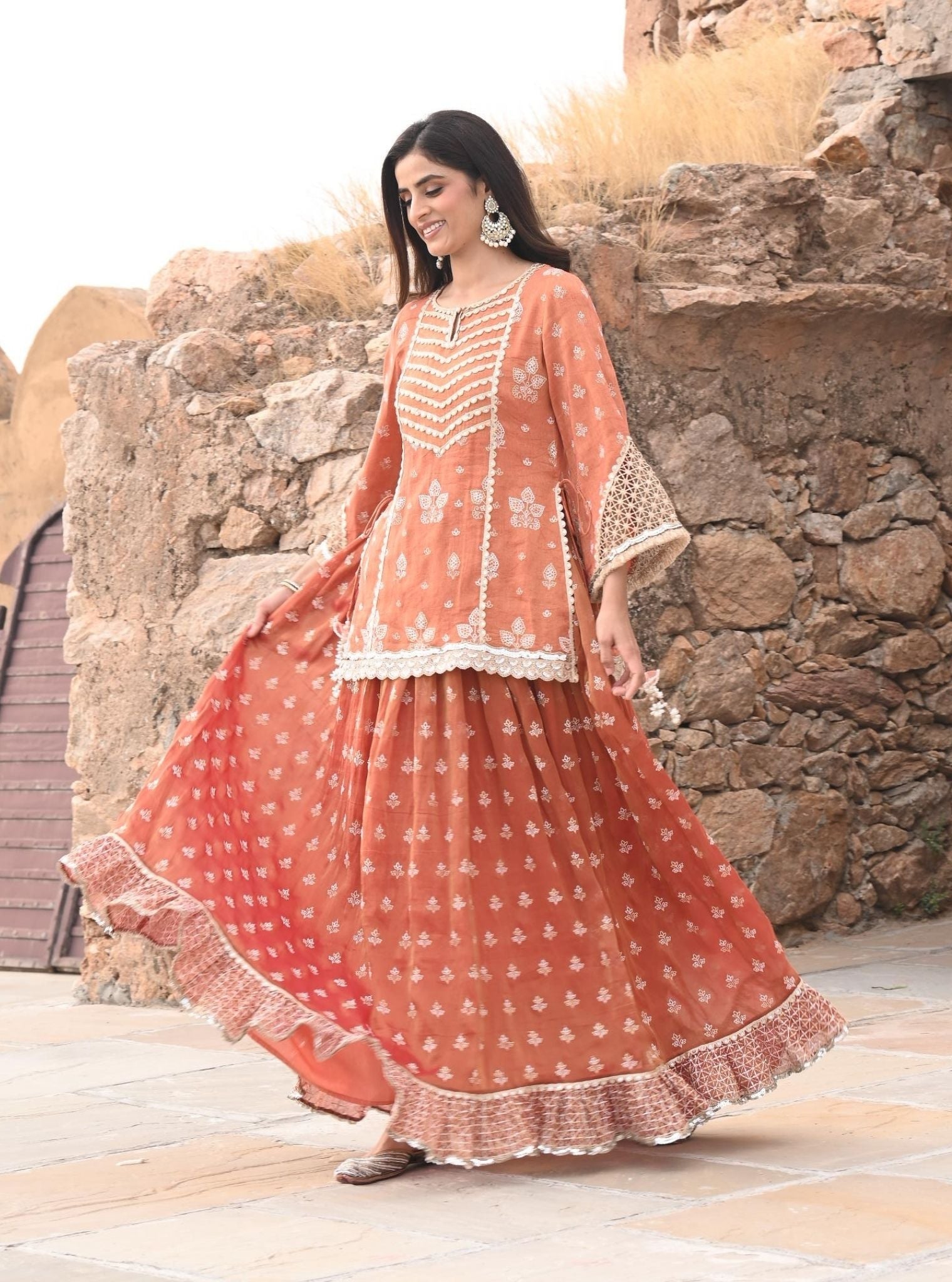 Mulmul Luxe Tissue Satin Lamhe Burnt Orange Kurta with Mulmul Luxe Tissue Lamhe Burnt Orange Skirt