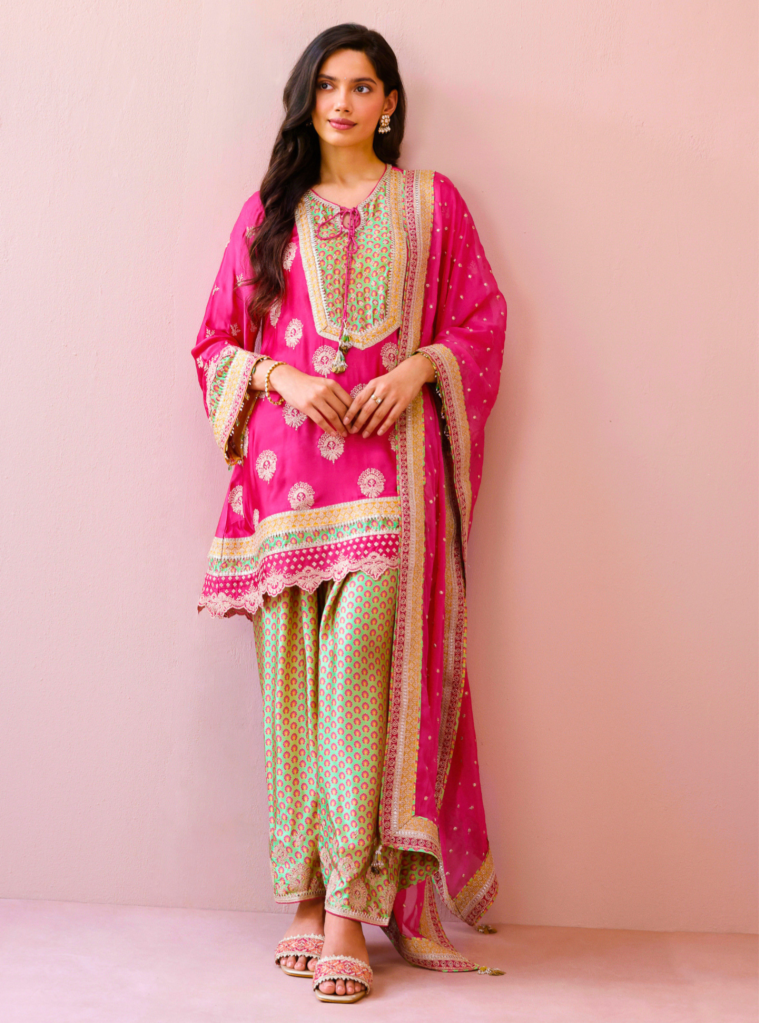 Veya Cupro Satin Fuchsia & Green Kurta Set