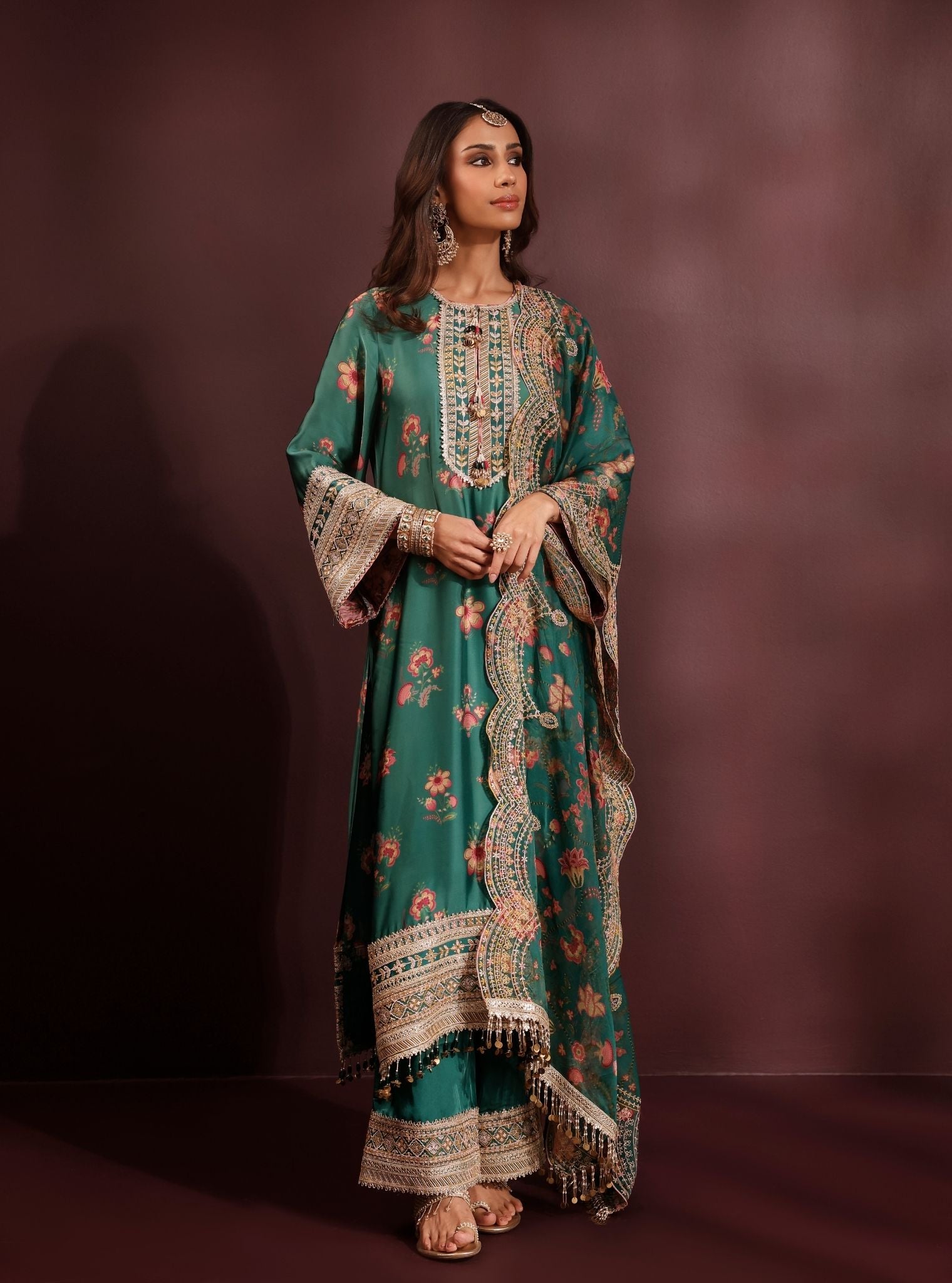 Ovia Cupro Satin Printed Emerald Green Kurta Set
