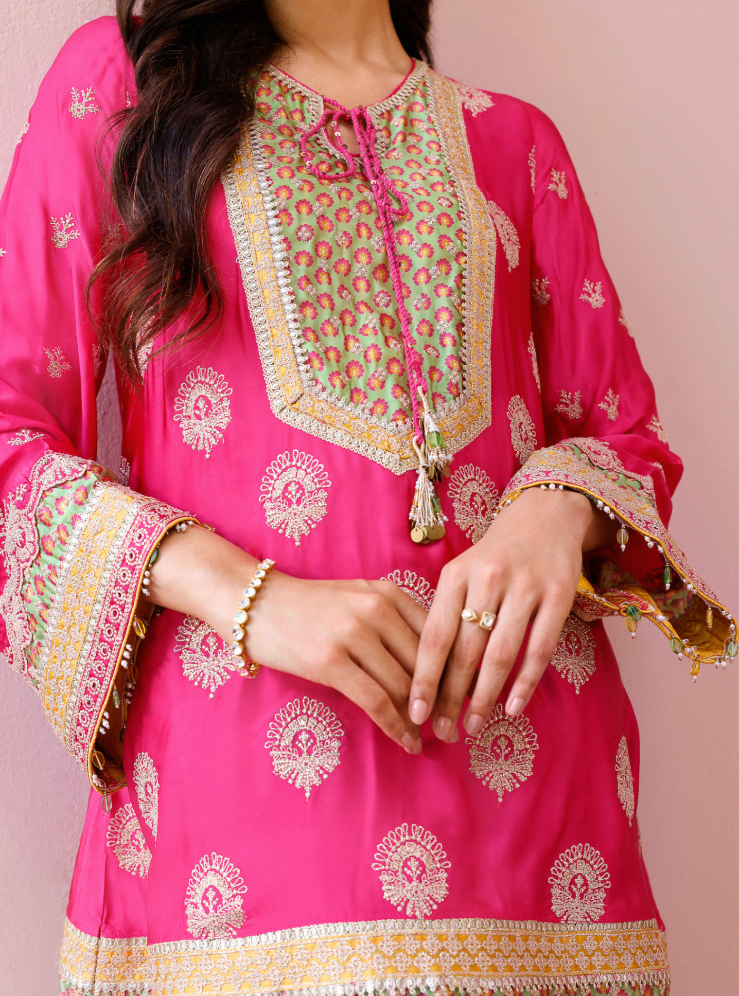 Veya Cupro Satin Fuchsia & Green Kurta Set