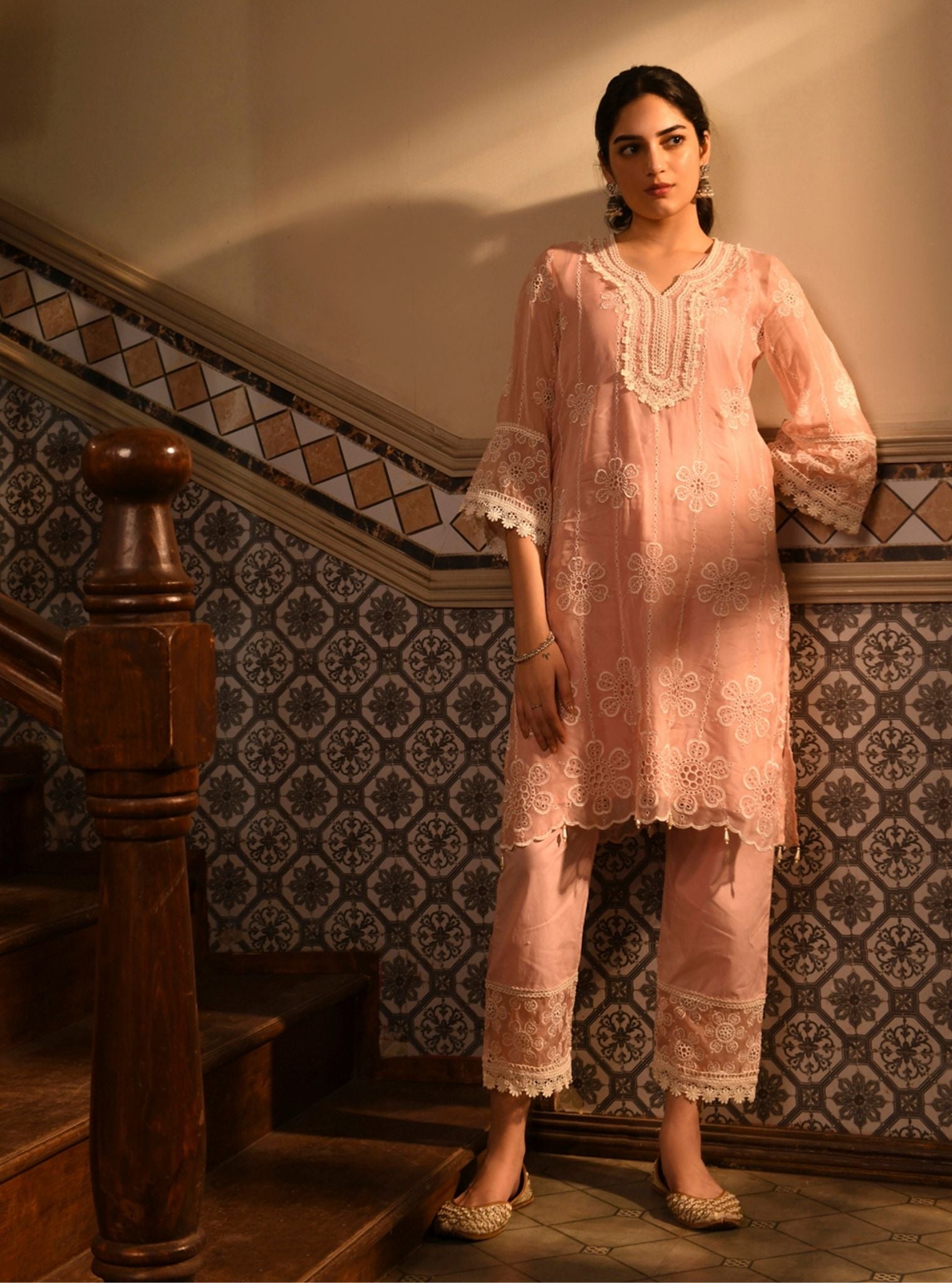 Mulmul Pima Satin Madee Pink Kurta With Mulmul Pima Satin Madee Pink Pant