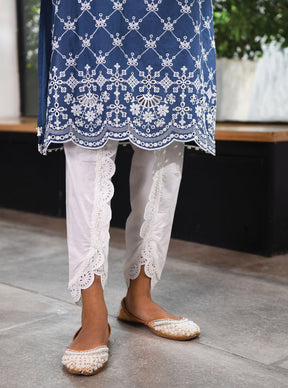 Mulmul Cotton Perth Navy Kurta With Border White Dhoti Pant