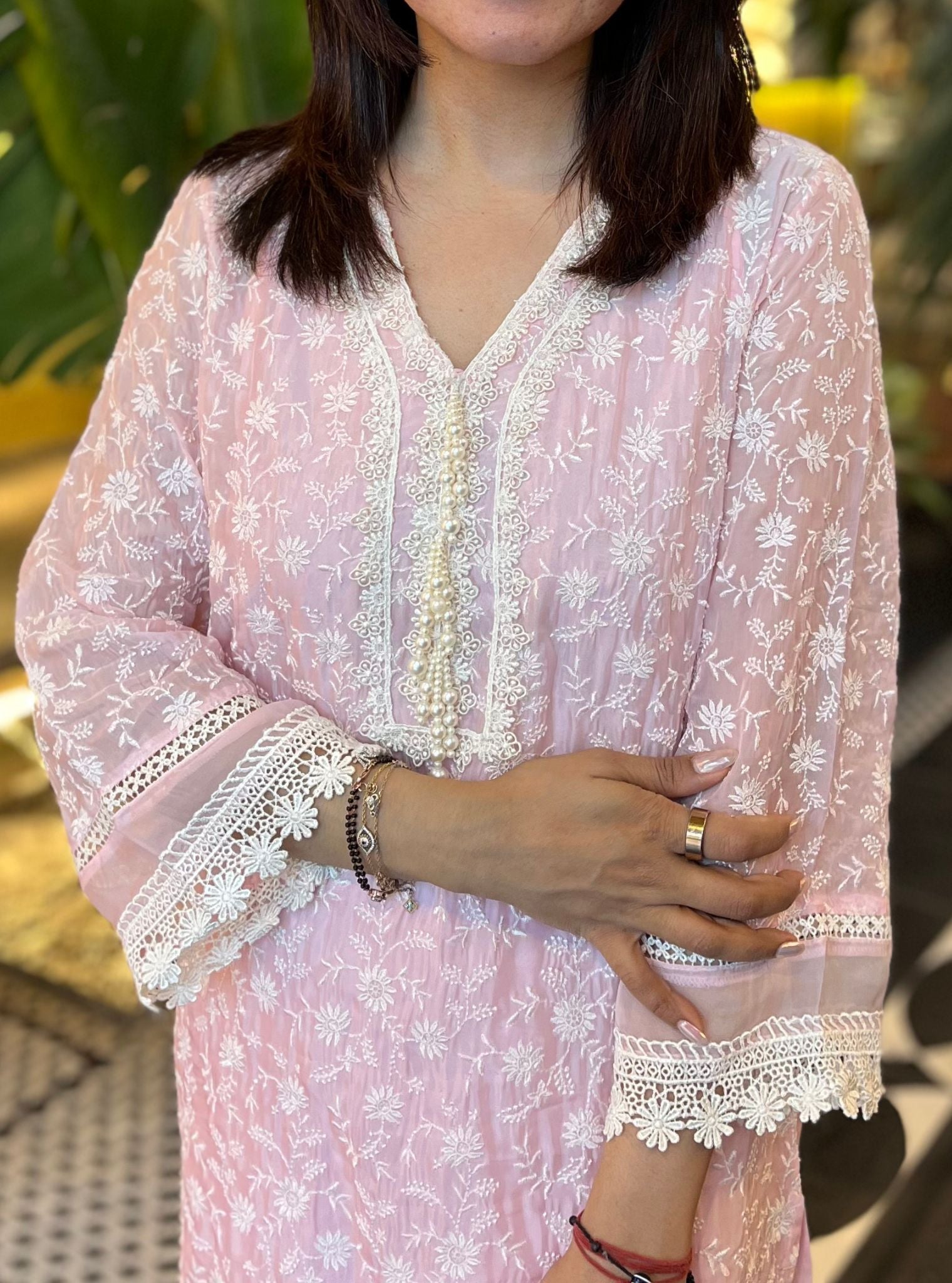 Mulmul Organza Ally Pink Kurta With Mulmul Cotton Ally Pink Pant