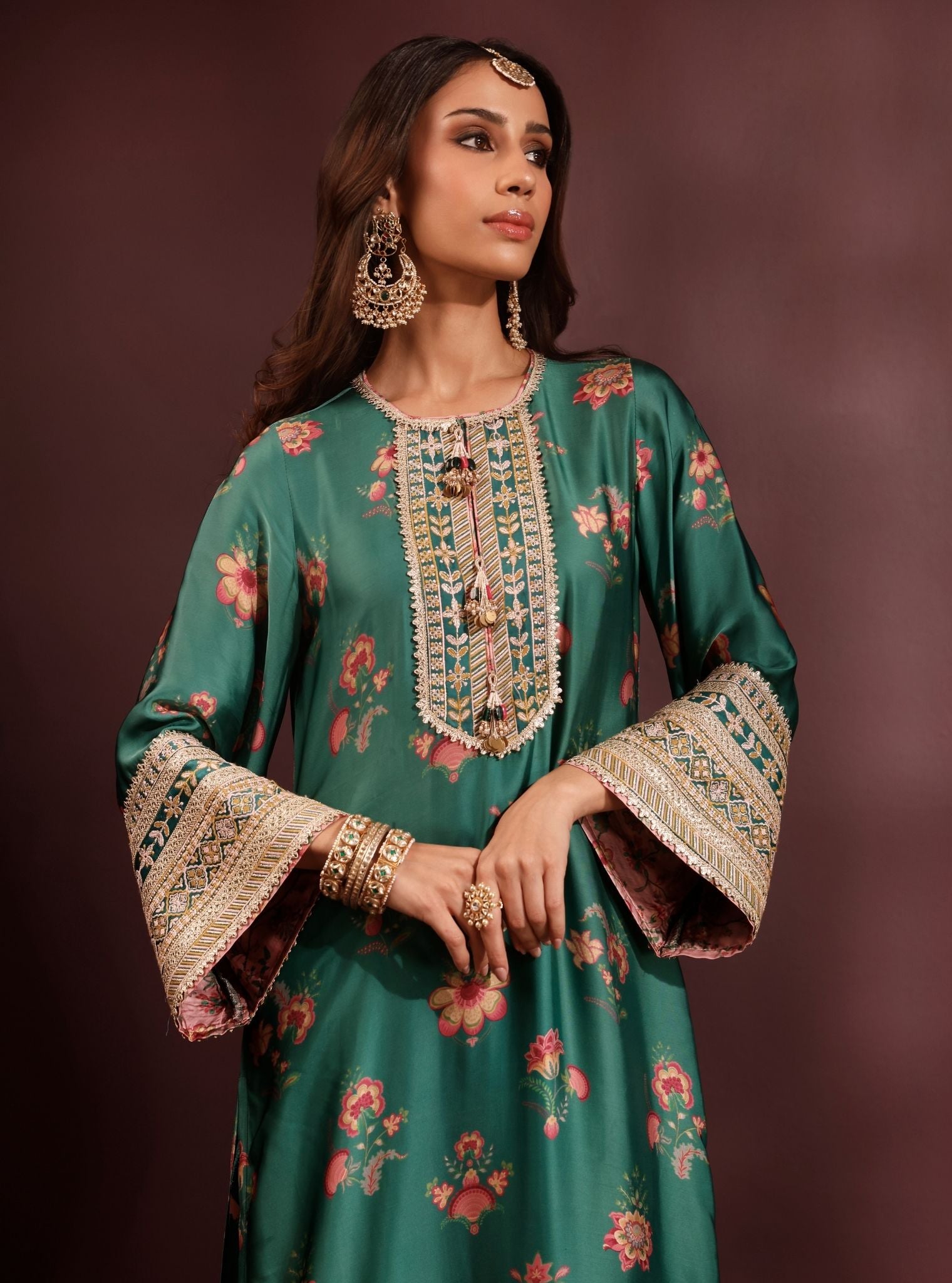 Ovia Cupro Satin Printed Emerald Green Kurta Set