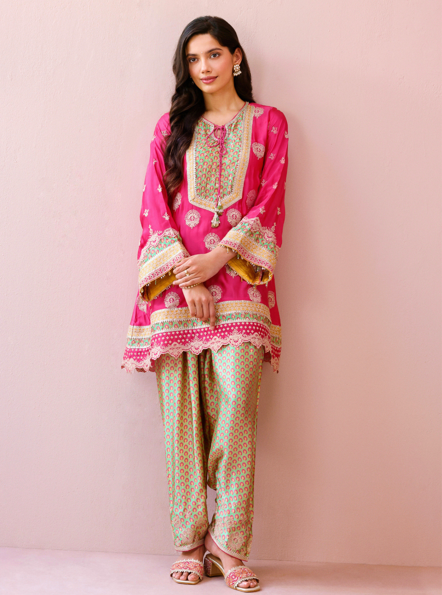 Veya Cupro Satin Fuchsia & Green Kurta Set