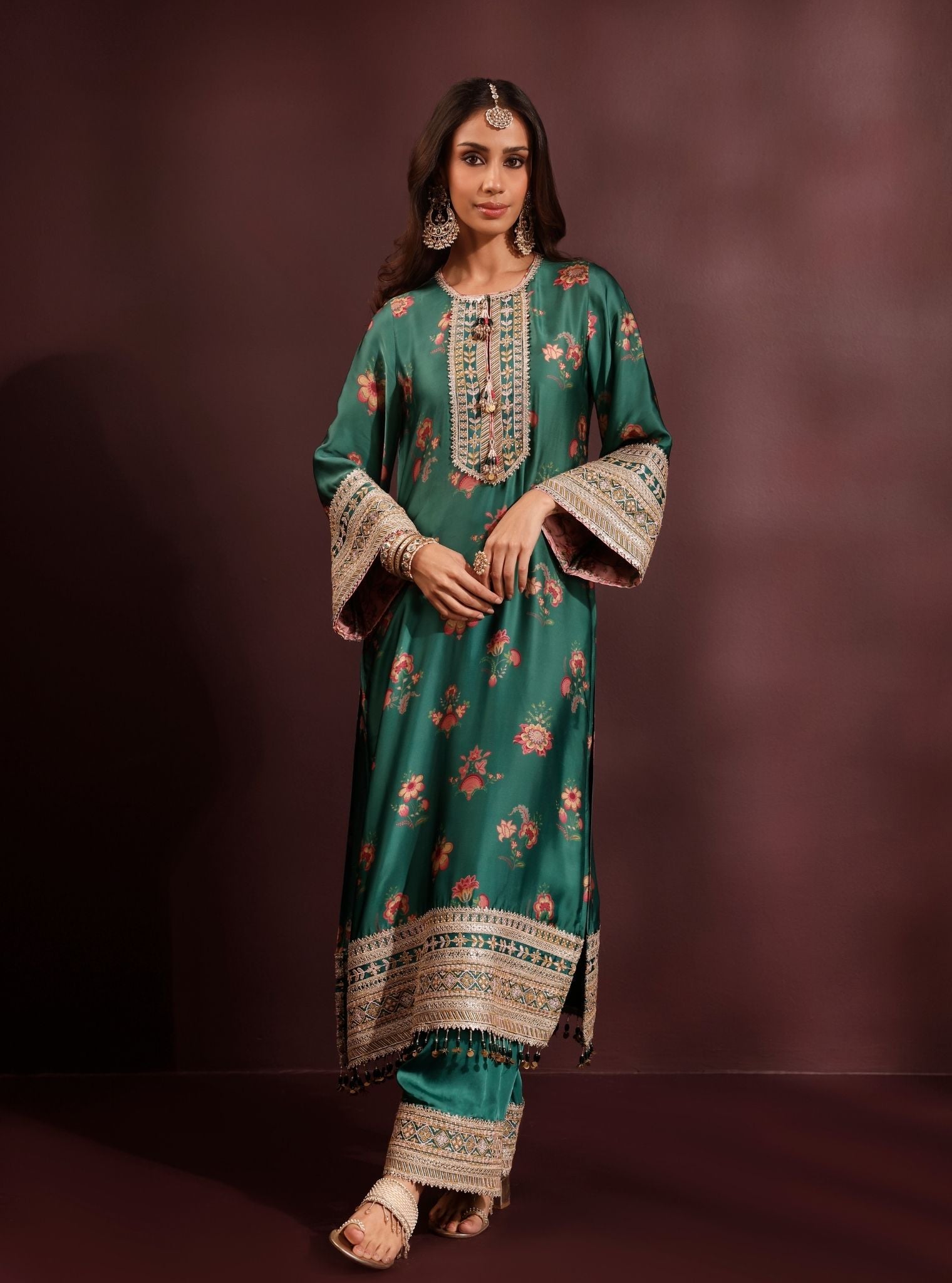 Ovia Cupro Satin Printed Emerald Green Kurta Set