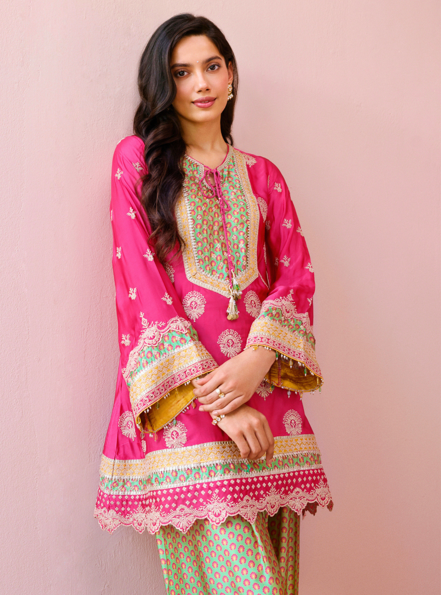 Veya Cupro Satin Fuchsia & Green Kurta Set