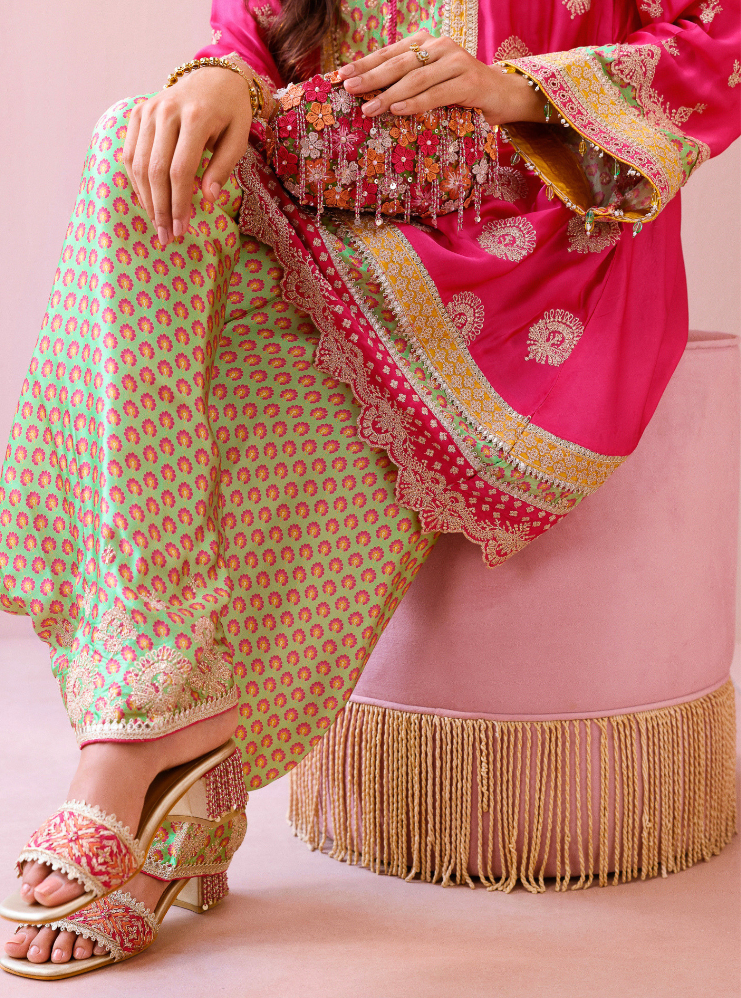 Veya Cupro Satin Fuchsia & Green Kurta Set