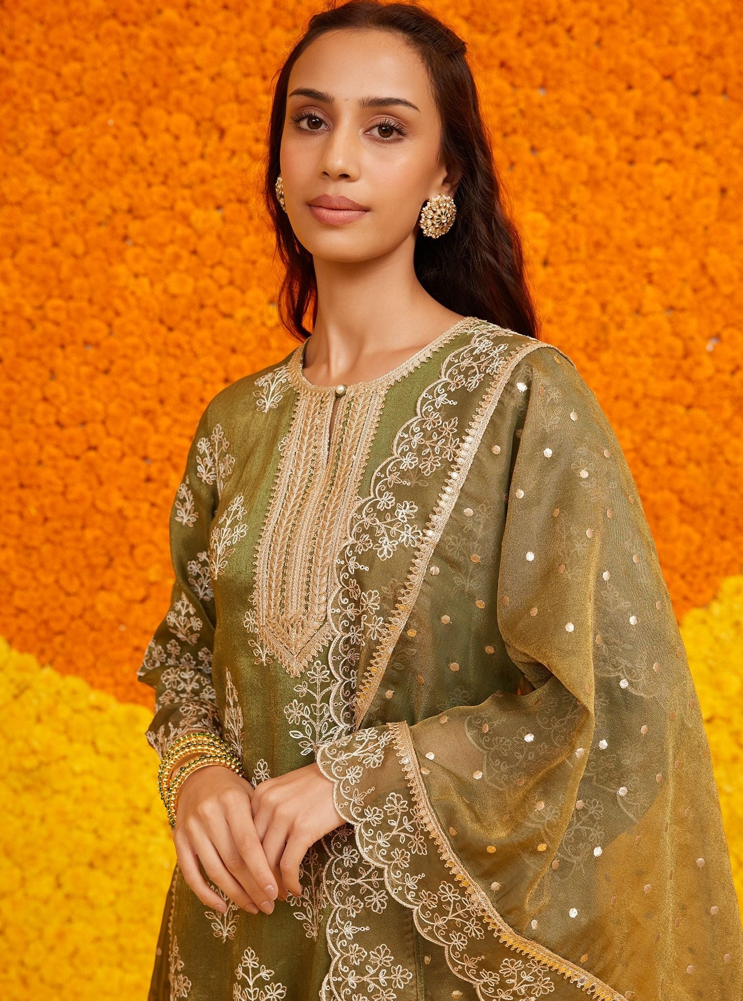 Mulmul Tissue Linen Satin Evelina Moss Green Kurta With Mulmul Tissue Linen Satin Evelina Moss Green Pant