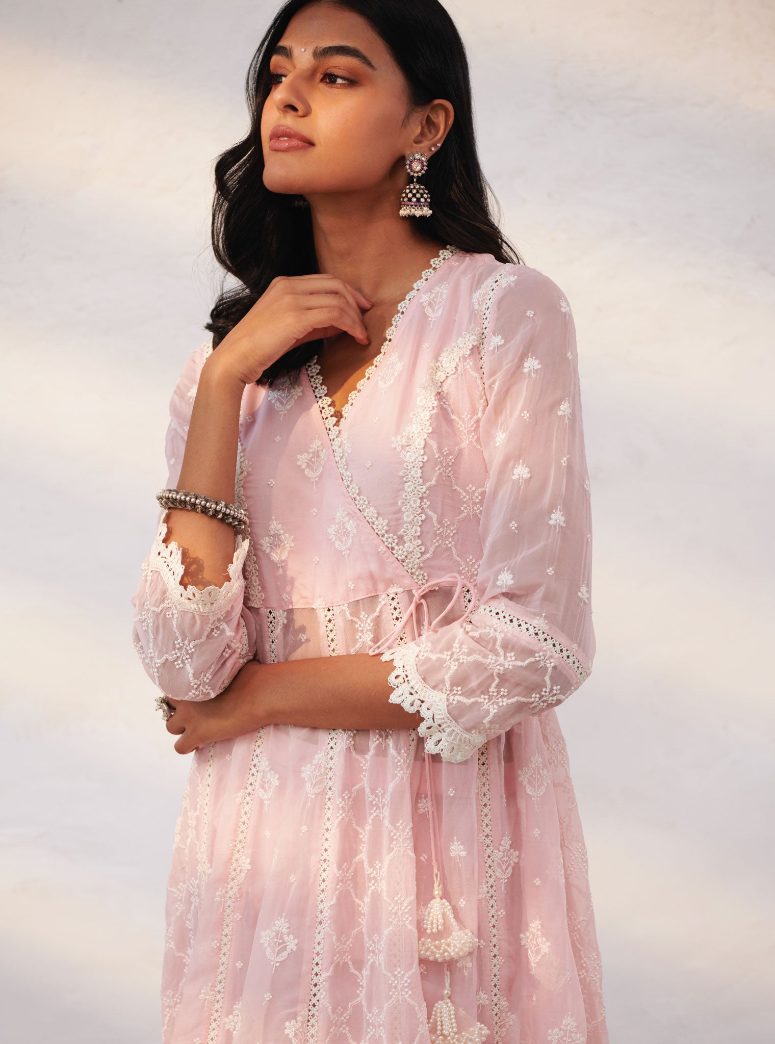 Mulmul Organza Morey Pink Anarkali Kurta With Cotton Morey Pink Pant