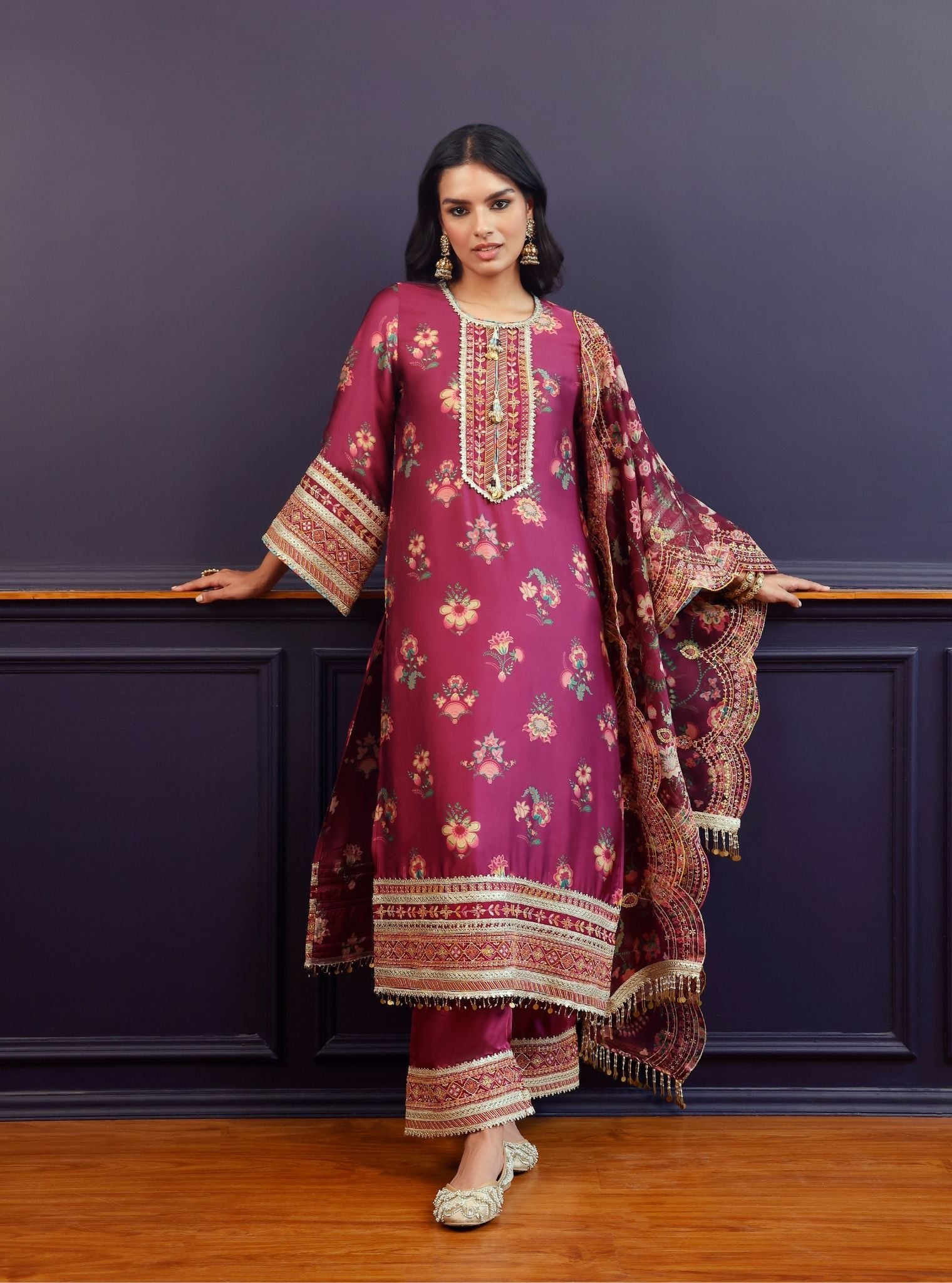Ovia Cupro Satin Printed Wine Kurta Set