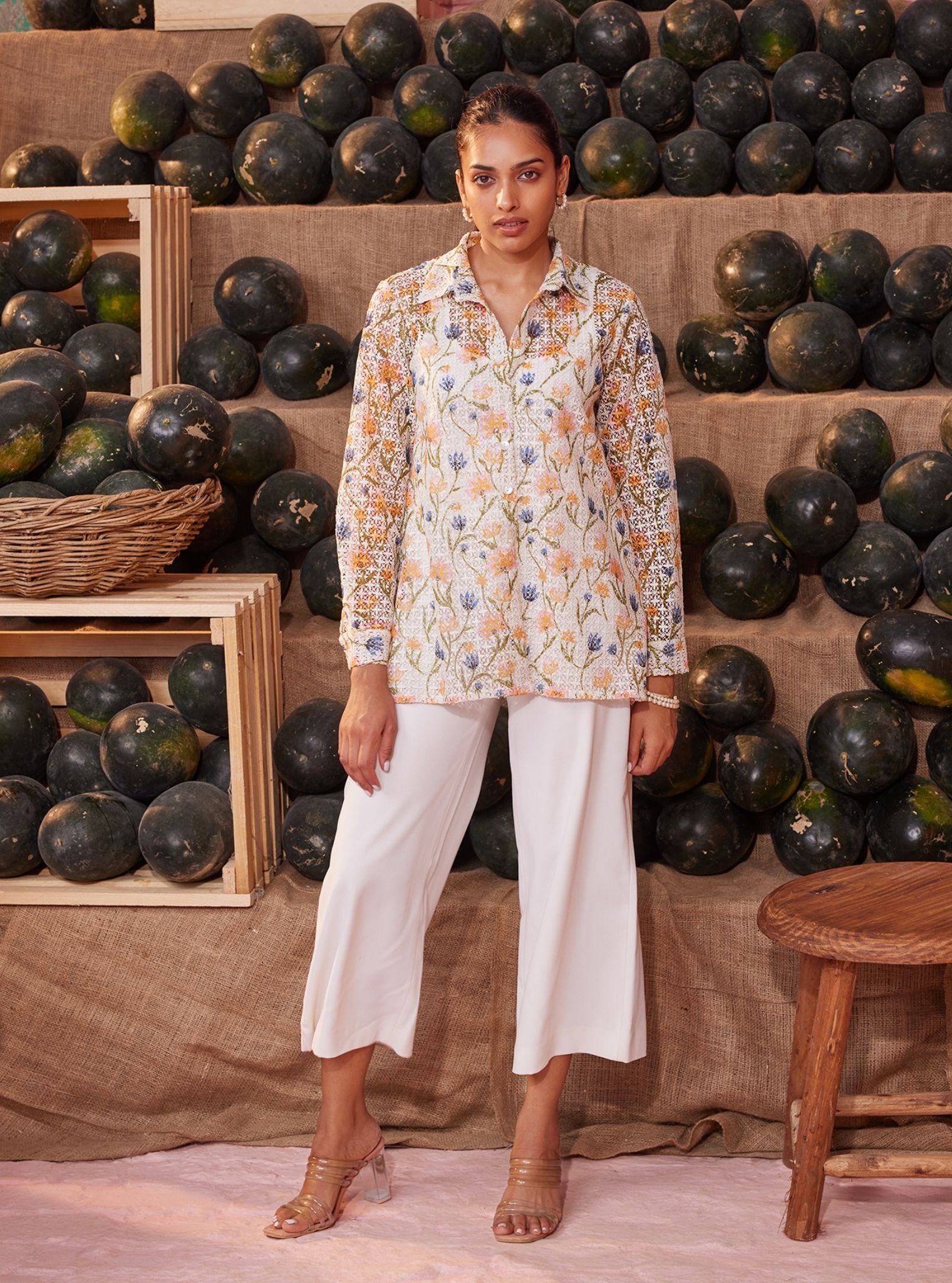 Mulmul Guipure Lia White Printed Shirt