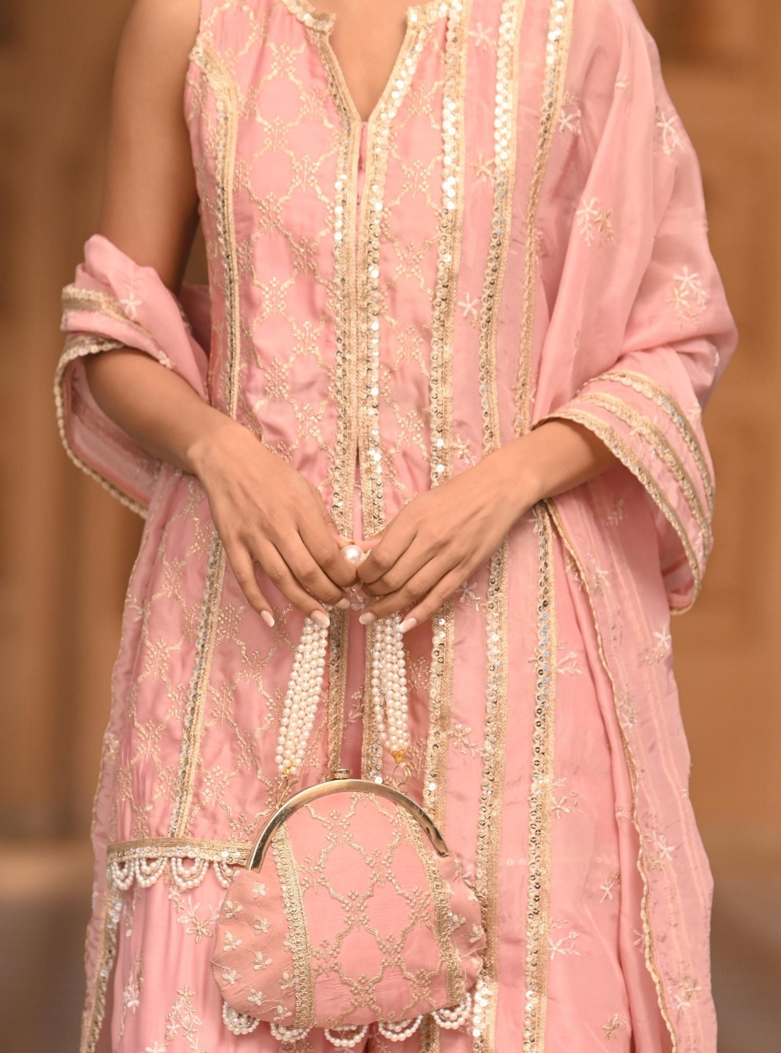 Mulmul Organza Satin Ainah Light Pink Kurta with Mulmul Organza Satin Ainah Light Pink Sharara