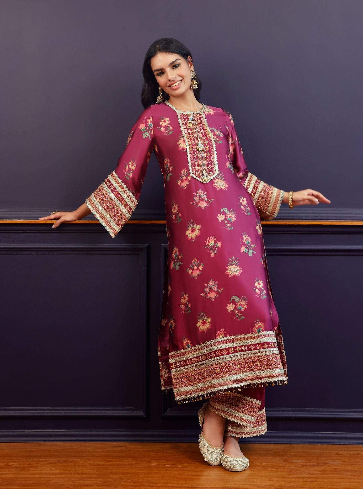 Ovia Cupro Satin Printed Wine Kurta Set