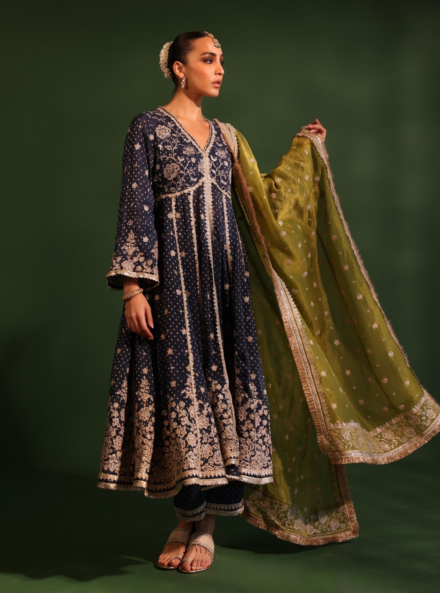 Mulmul Banarsi Rangeela Navy Anarkali Kurta With Mulmul Banarsi Rangeela Navy Pant