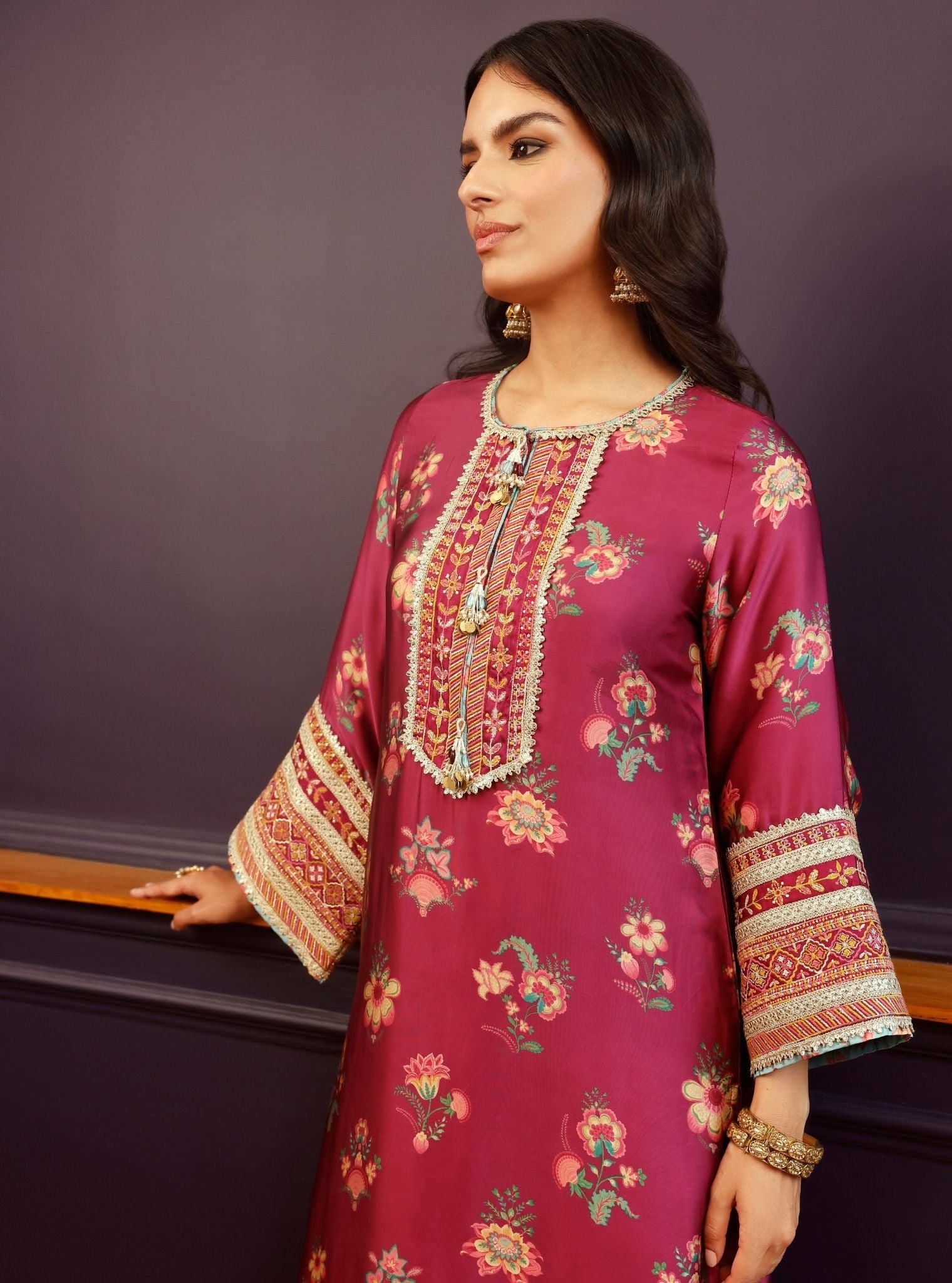 Ovia Cupro Satin Printed Wine Kurta Set