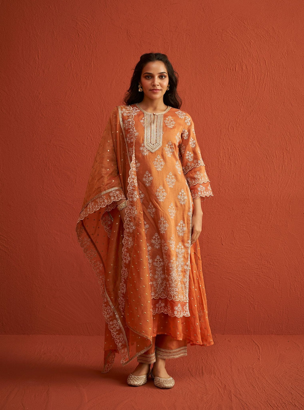 Burnt Orange Shimmer Tissue Kurta Set(WEDDING EDIT’25)