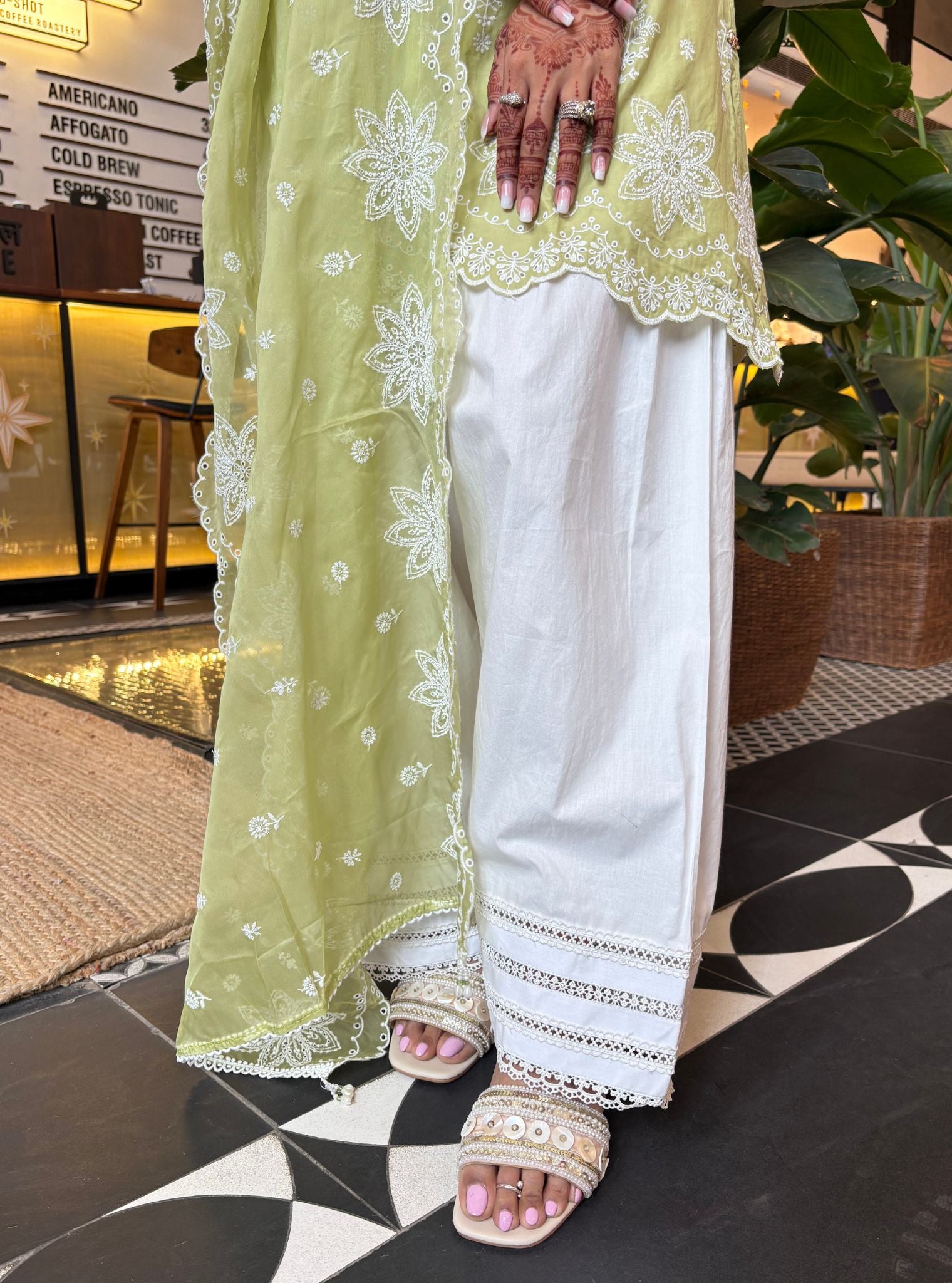 Zoa Supima Cotton Green Kurta With Viona White Farshi Salwar