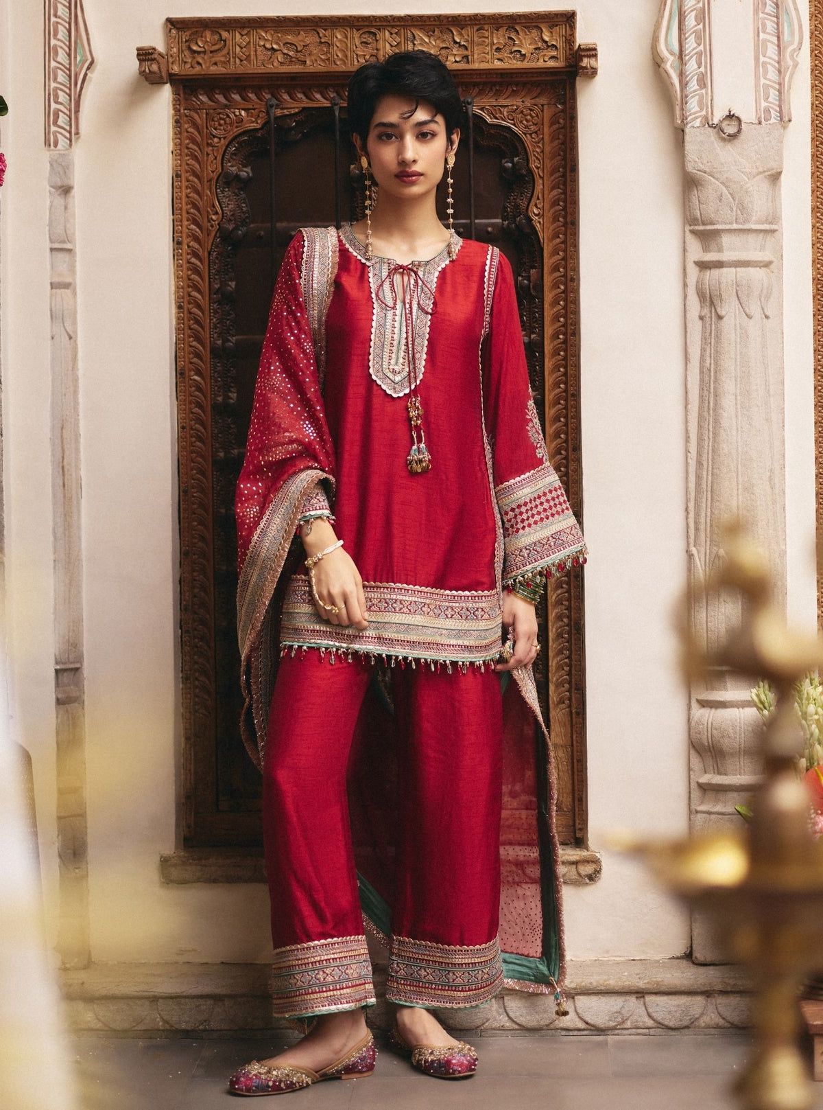 Rimya Bemberg Raw Silk Red Kurta Set