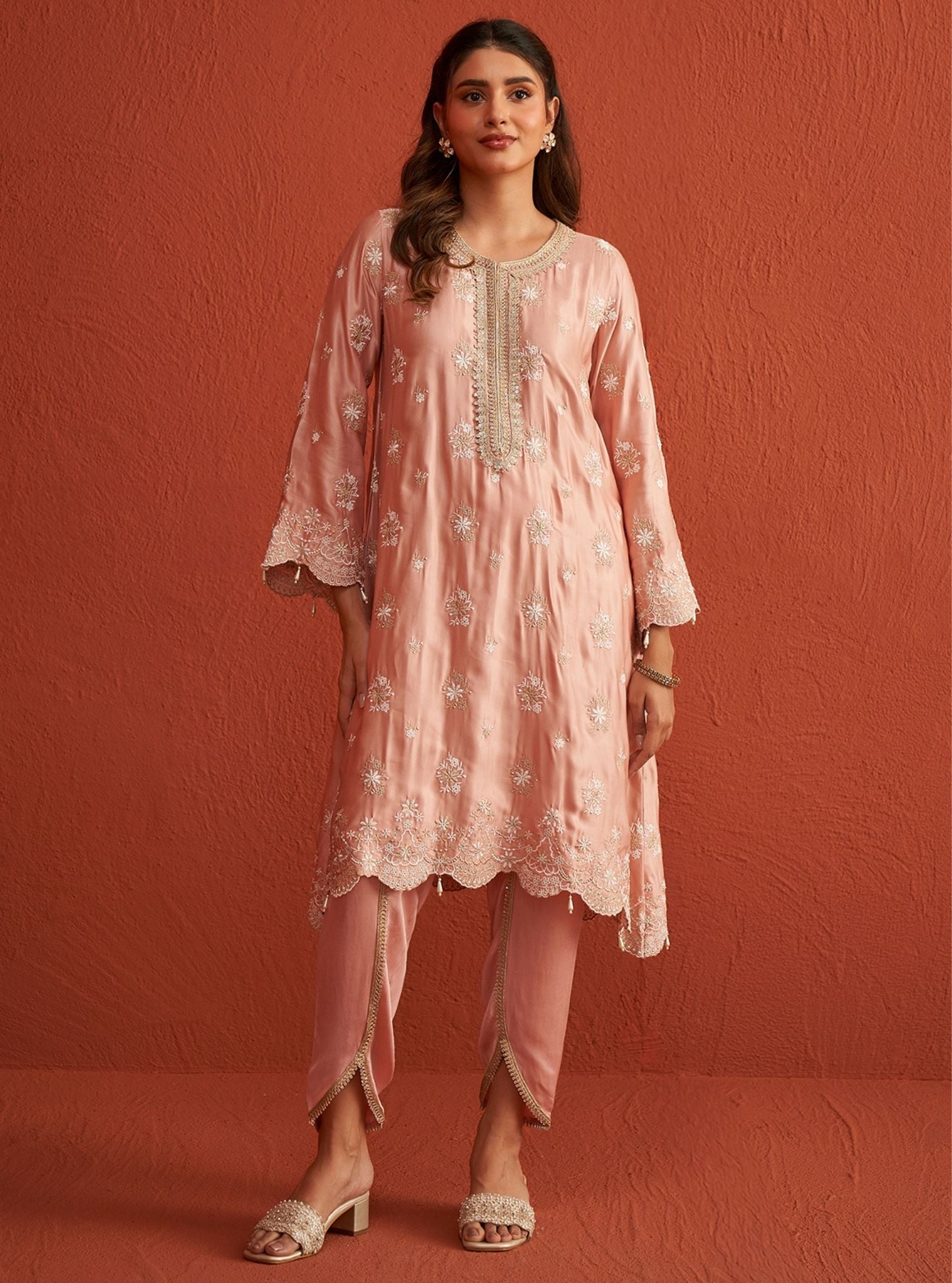 Mulmul Bemberg Satin Kangna Pink Kurta With Mulmul Bemberg Satin Kangna Pink Pant