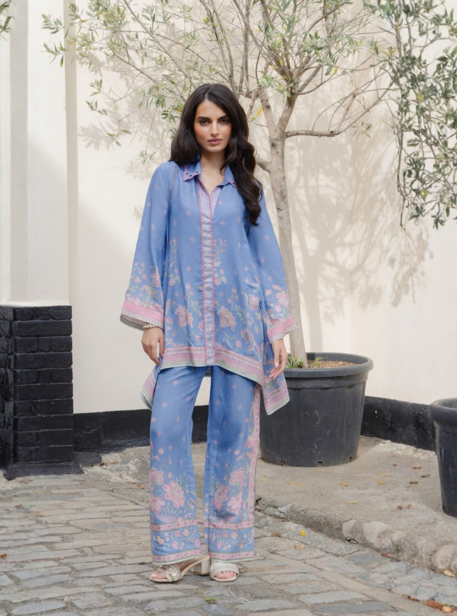Odelle Lawn Printed Steel Blue Co-ord Set