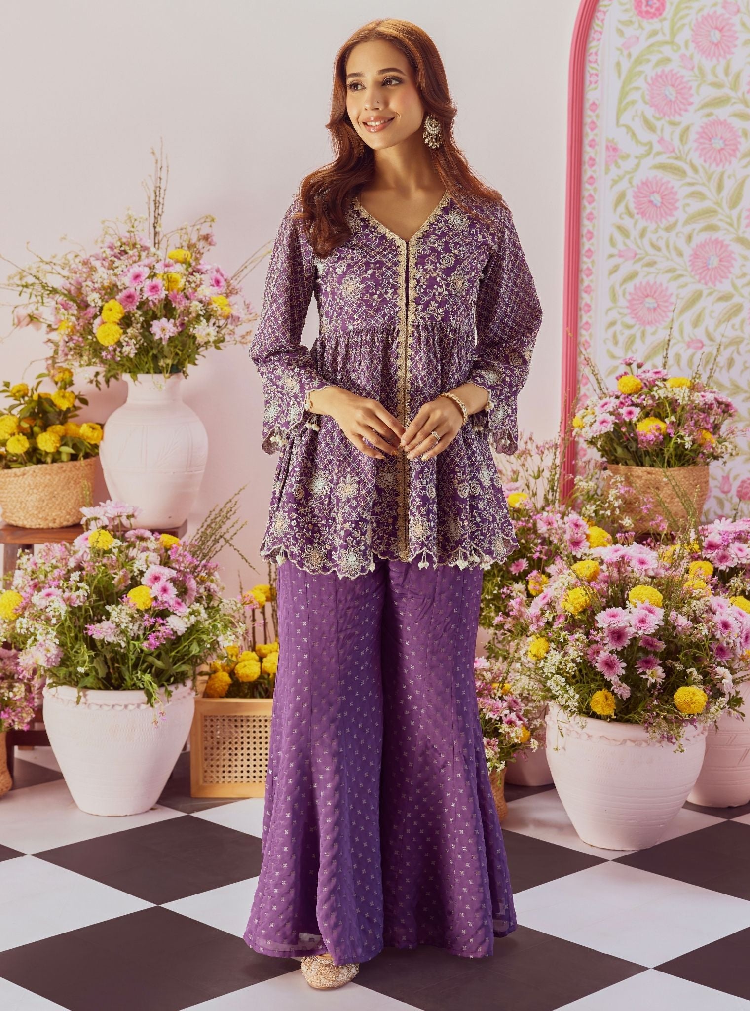 Mulmul Banarsi Ghunghroo Purple Top With Mulmul Banarsi Ghunghroo Purple Sharara