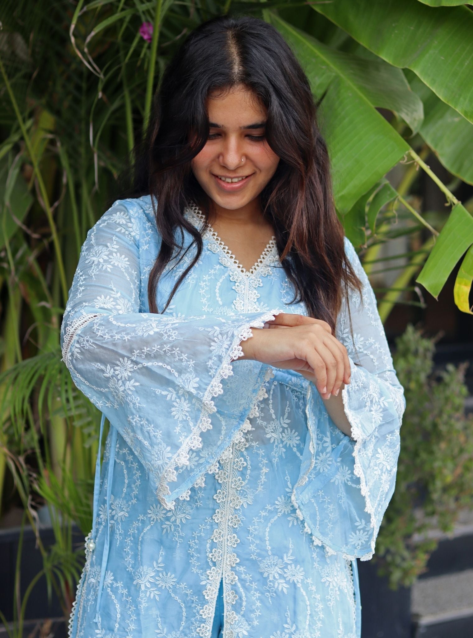 Mulmul Organza Gaia Blue Kurta With Mulmul Pima Gaia Blue Sharara