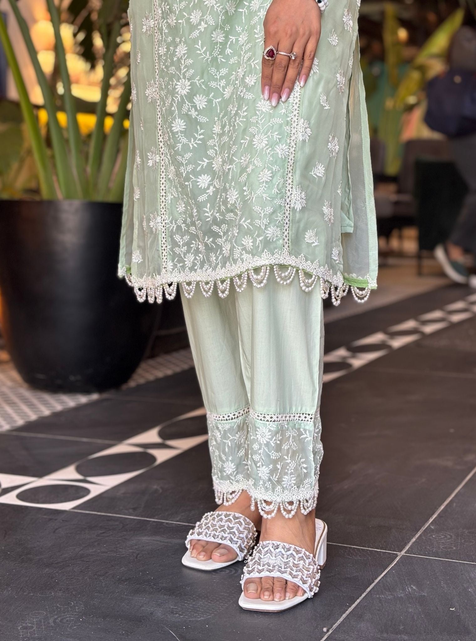 Mulmul Organza Cassandra Green Kurta With Mulmul Cotton Cassandra Green Pant