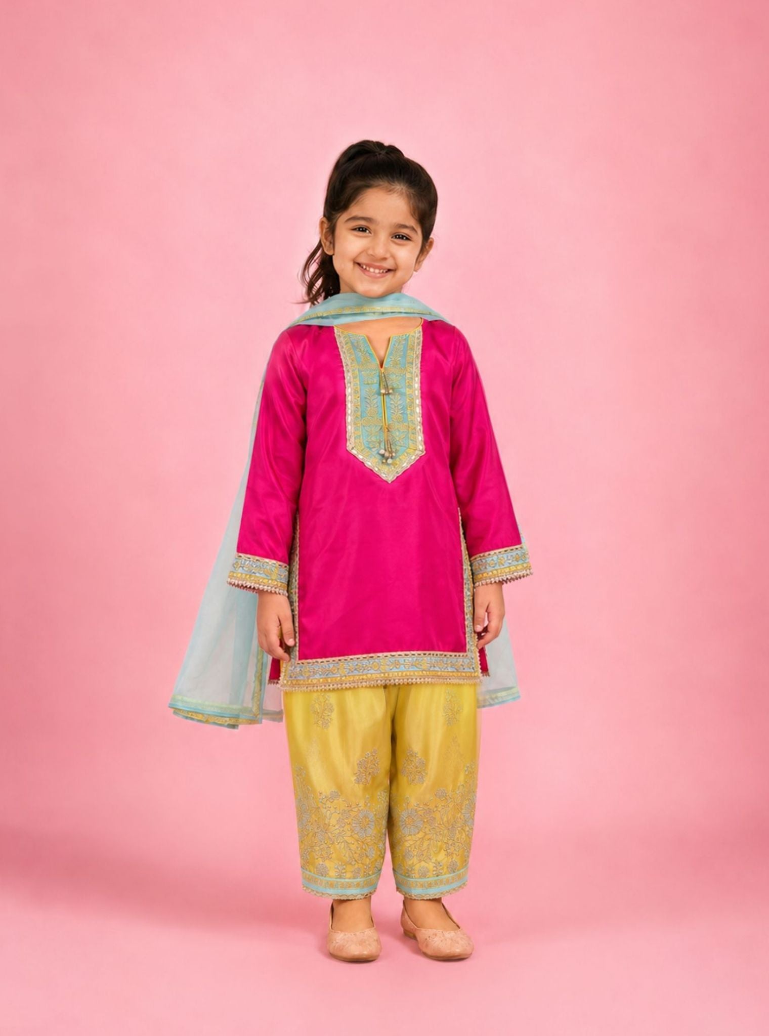 Caeli Cupro Satin Printed Fuchsia & Lime Kurta Set
