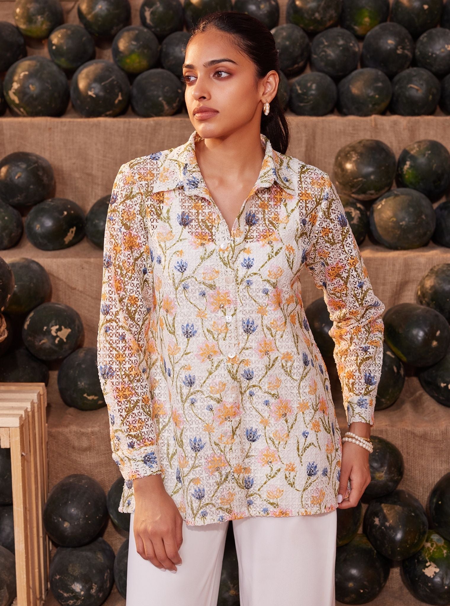 Mulmul Guipure Lia White Printed Shirt