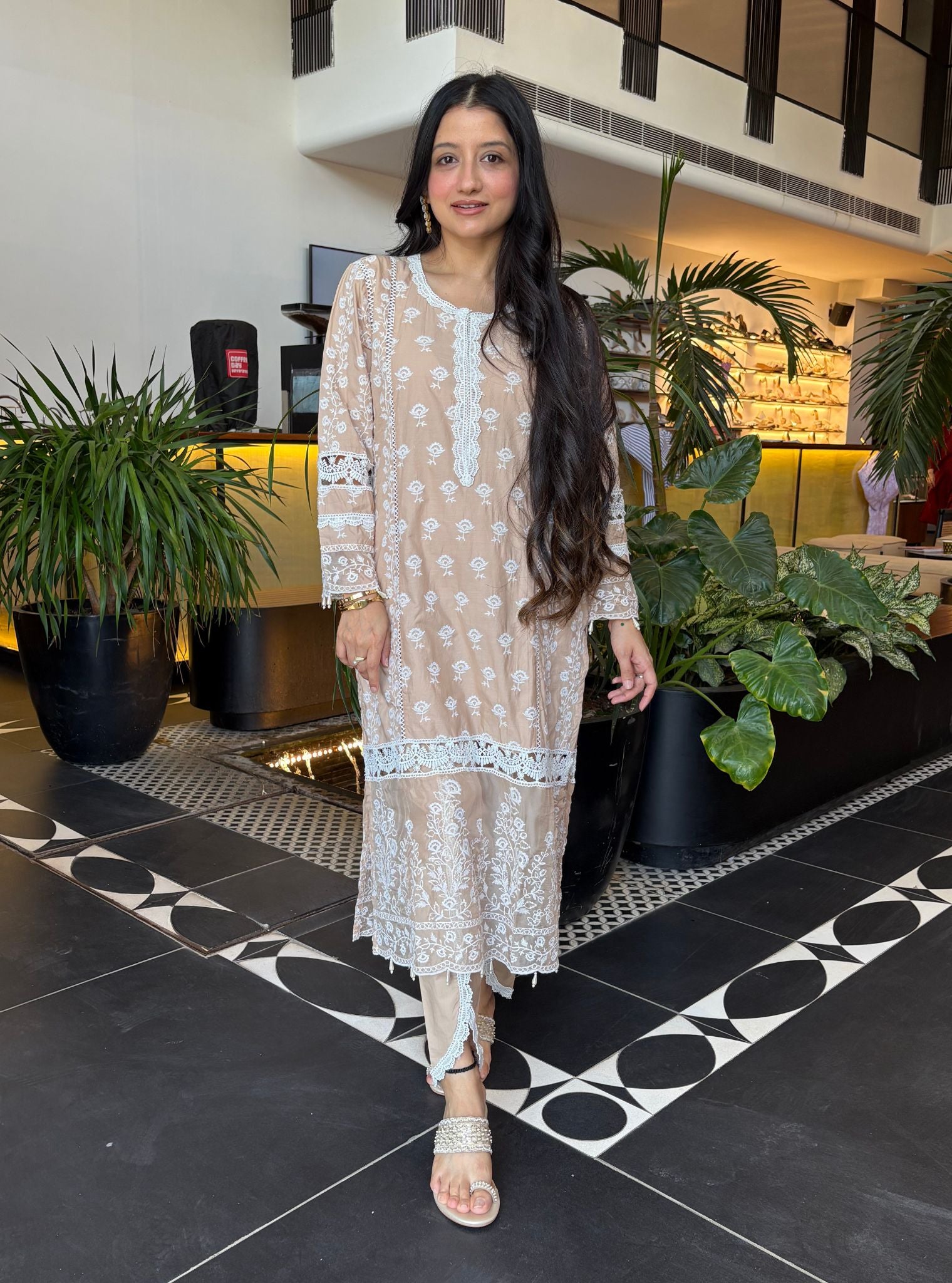 Mulmul Pima Svasti Beige Kurta with Mulmul Pima Svasti Beige Pant