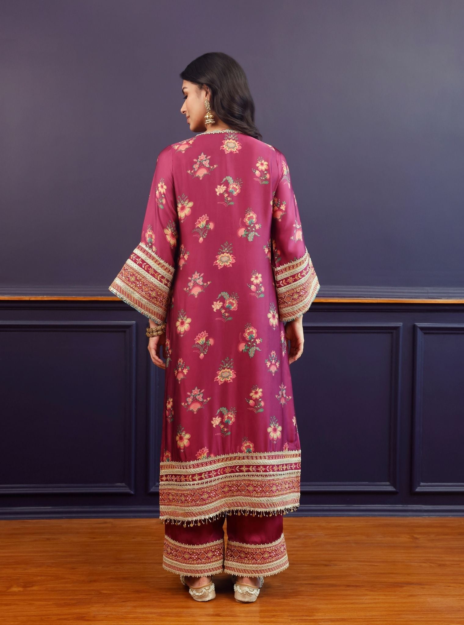 Ovia Cupro Satin Printed Wine Kurta Set